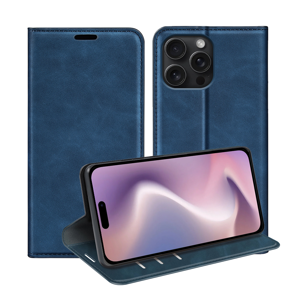 Blauwe telefoonhoes, open, met een telefoon. Achter- en zijaanzichten van de hoes worden ook getoond.