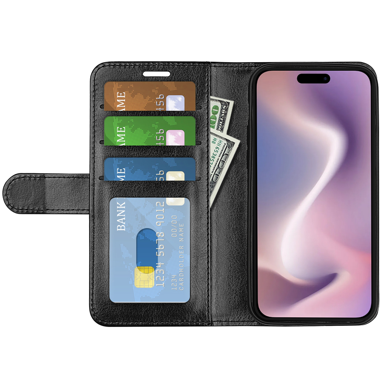 Étui de téléphone noir, ouvert, montrant téléphone, cartes et espèces. Plusieurs fentes.