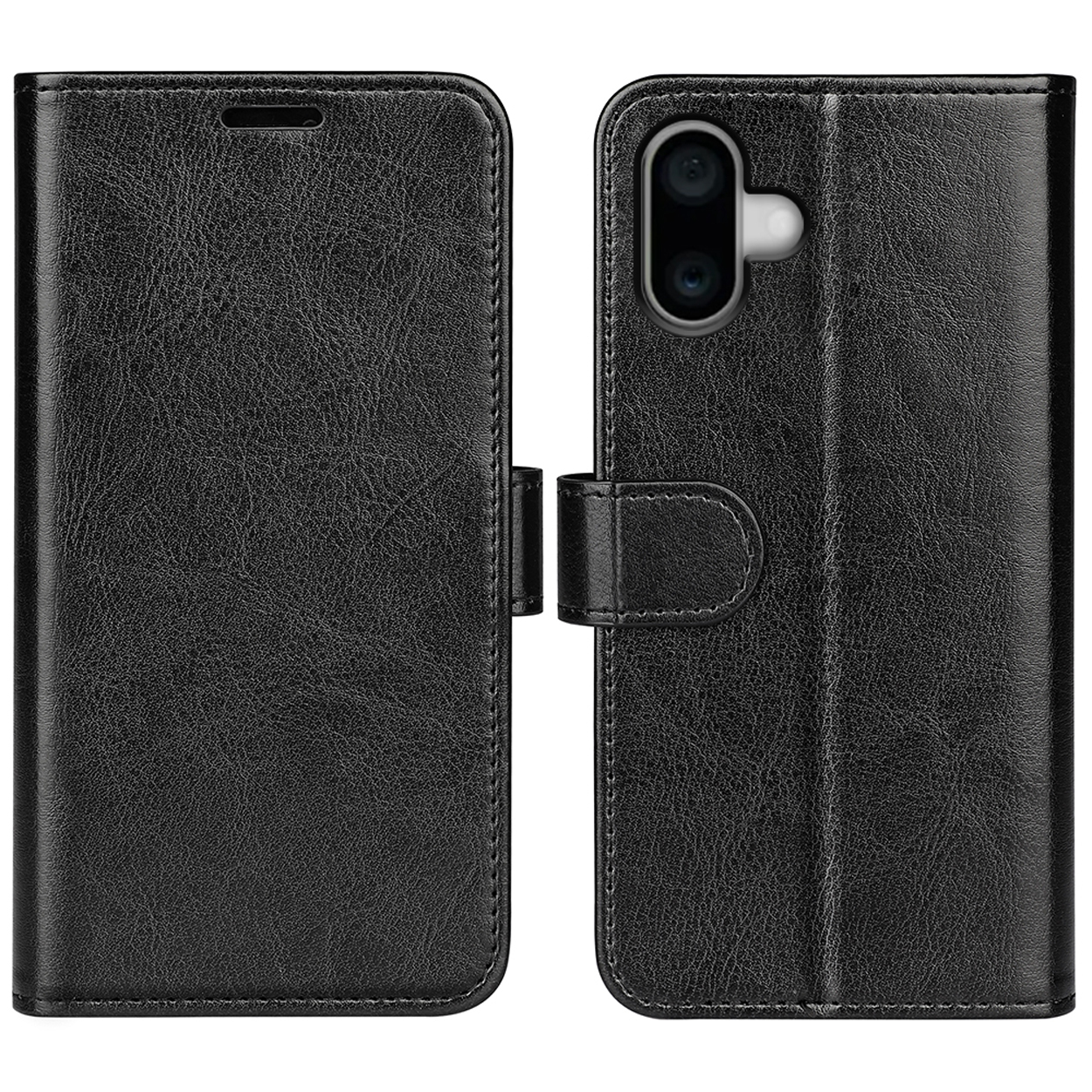 Étui de téléphone noir, fermé et ouvert, montrant les fentes pour cartes et la caméra du téléphone. Texture cuir.