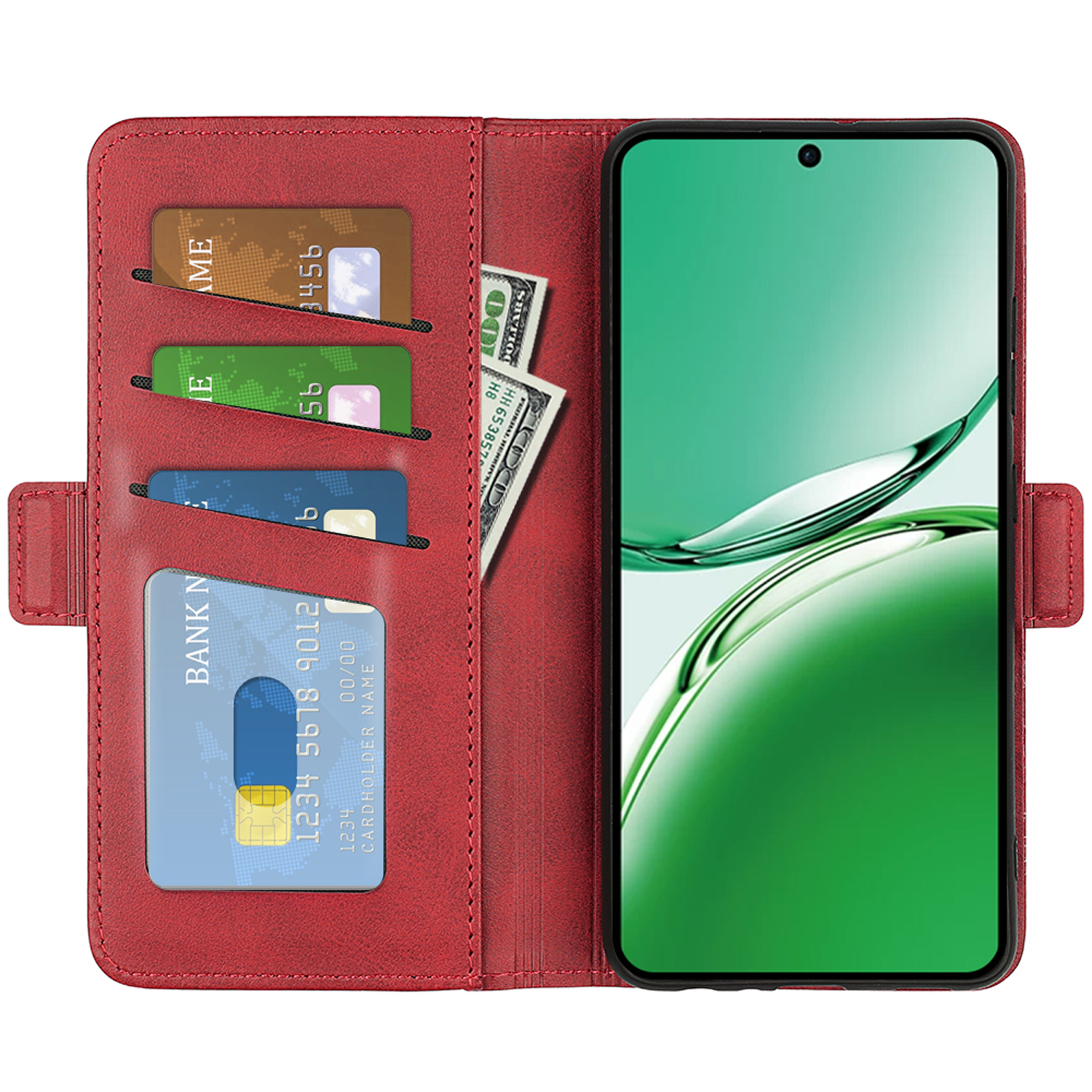 Rode telefoonhoes open, met kaarten, contant geld en telefoon zichtbaar. Binnenkant is zwart.