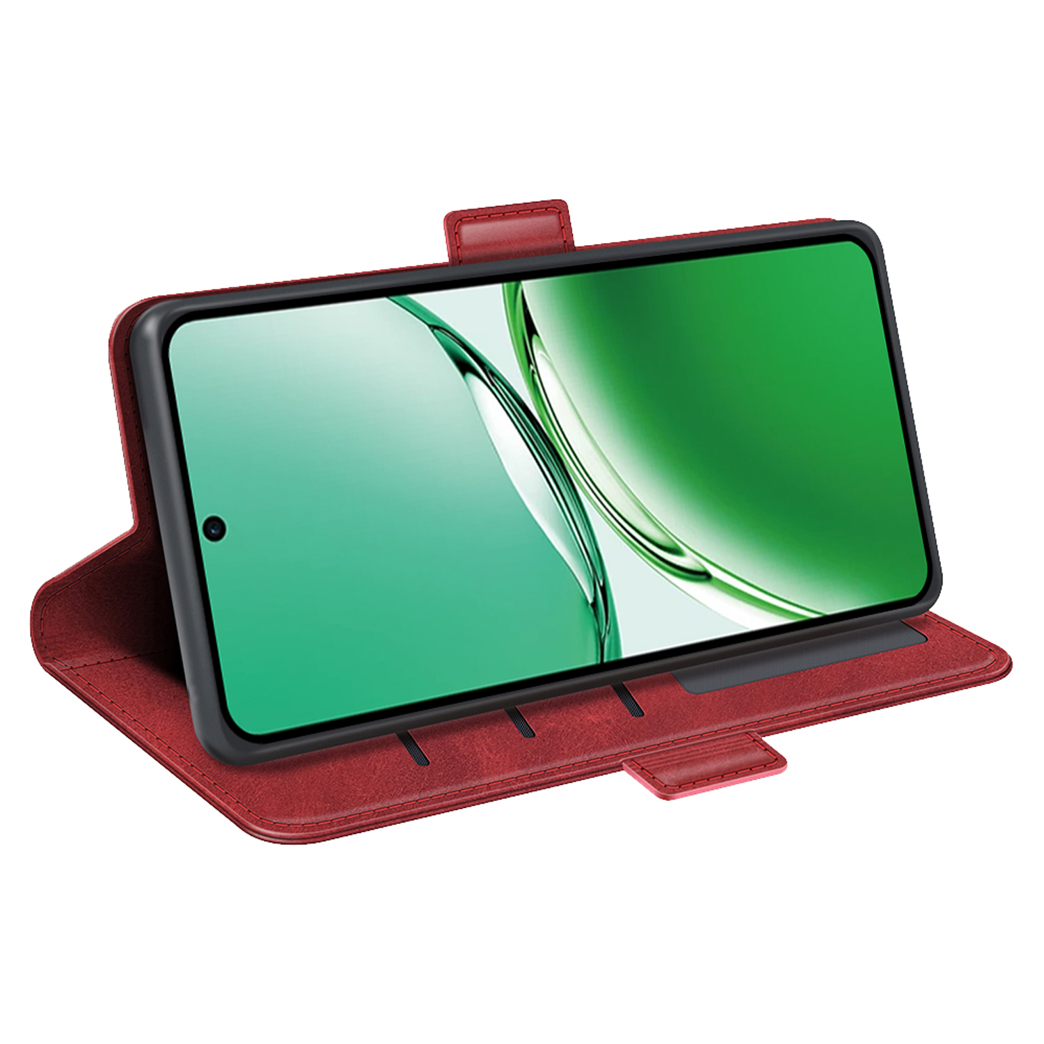 Rode telefoonhoes, open, met een telefoon erin. De hoes staat in standmodus.