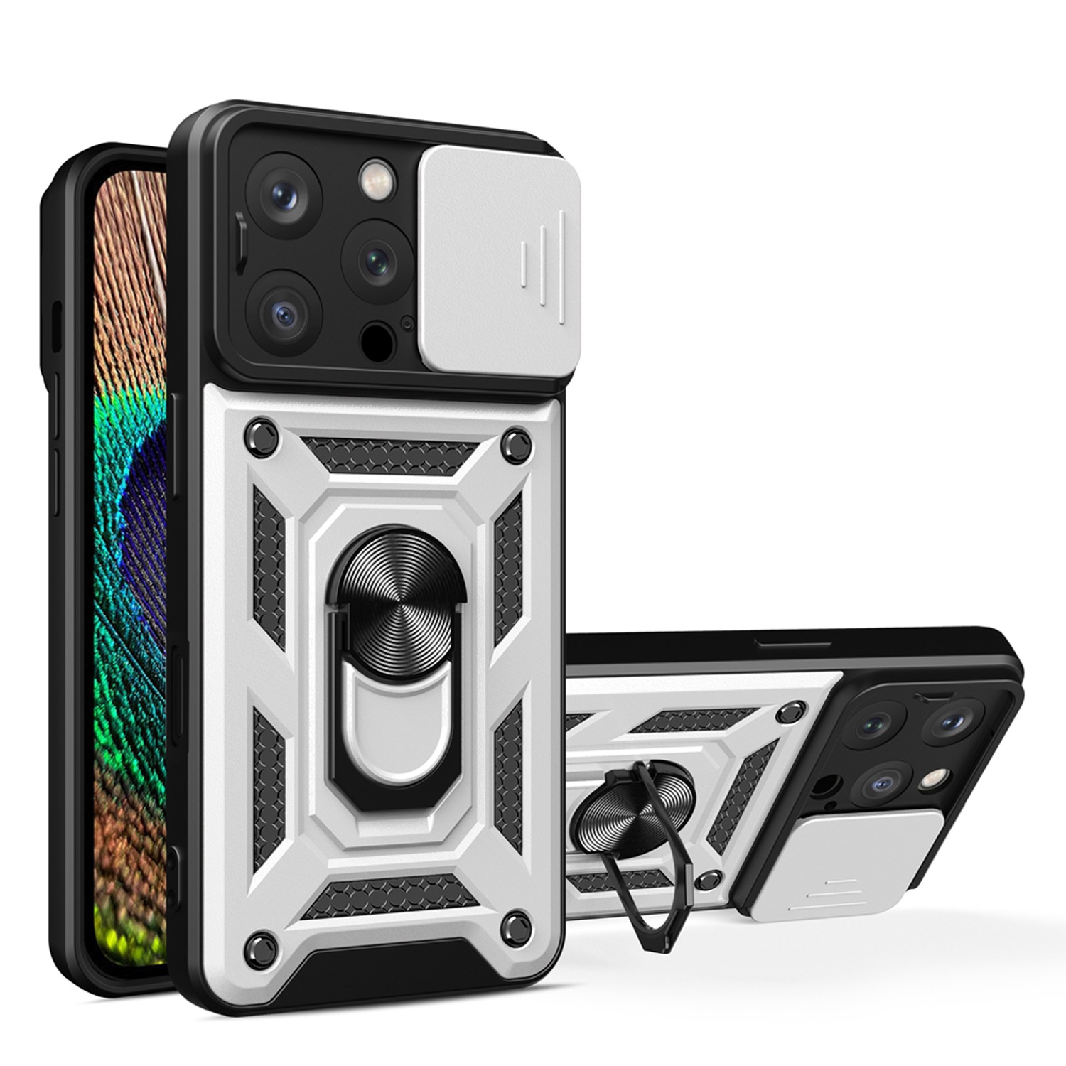 Zwart-witte telefoonhoes met cameralensafdekking en ringhouder.