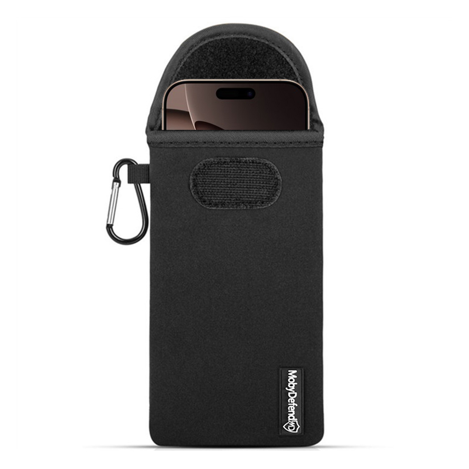 Zwarte telefoonhoes met een metalen clip, er zit een telefoon in. MobyDefend-logo zichtbaar.