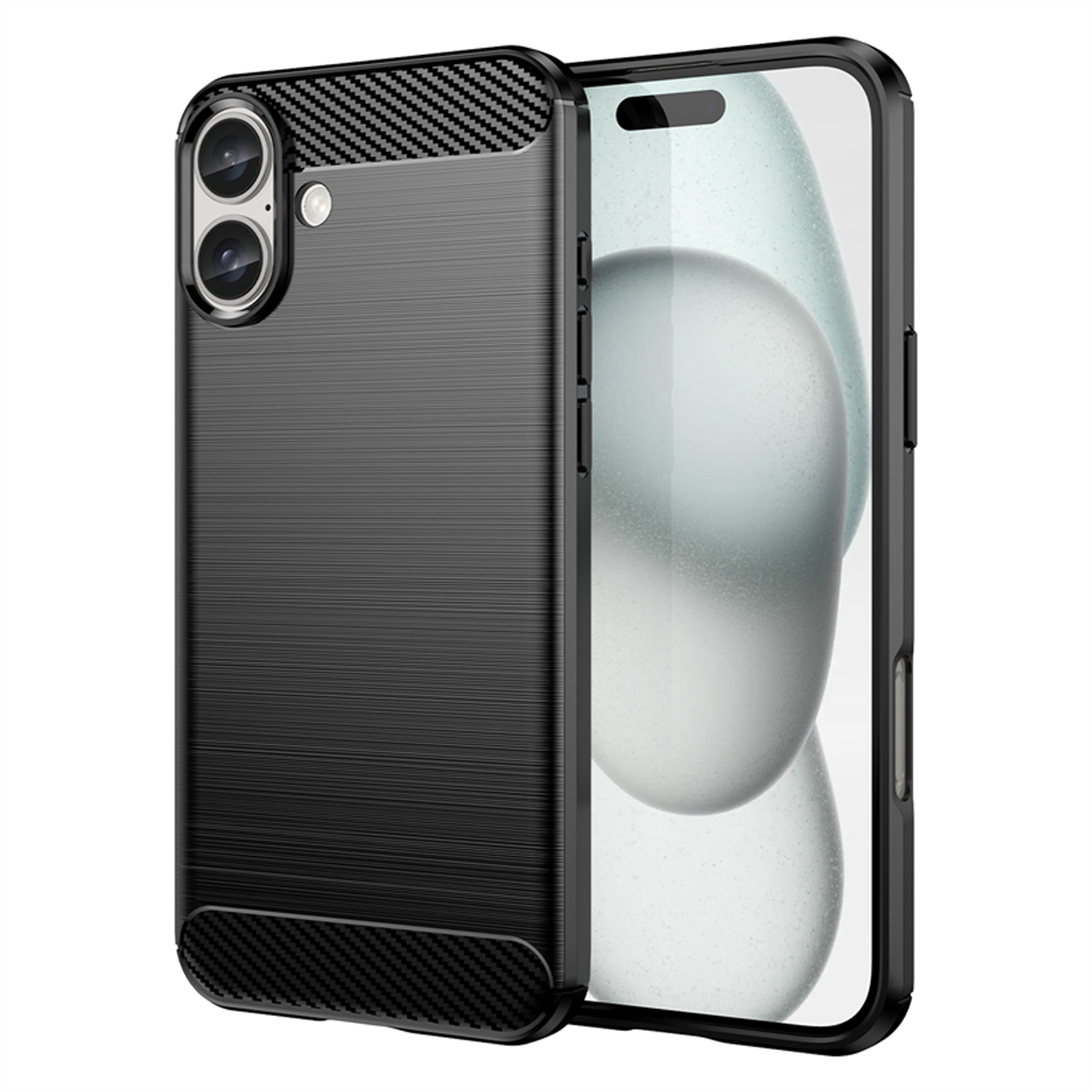 Zwarte telefoonhoes met een koolstofvezel textuur. De telefoon zit in de hoes.