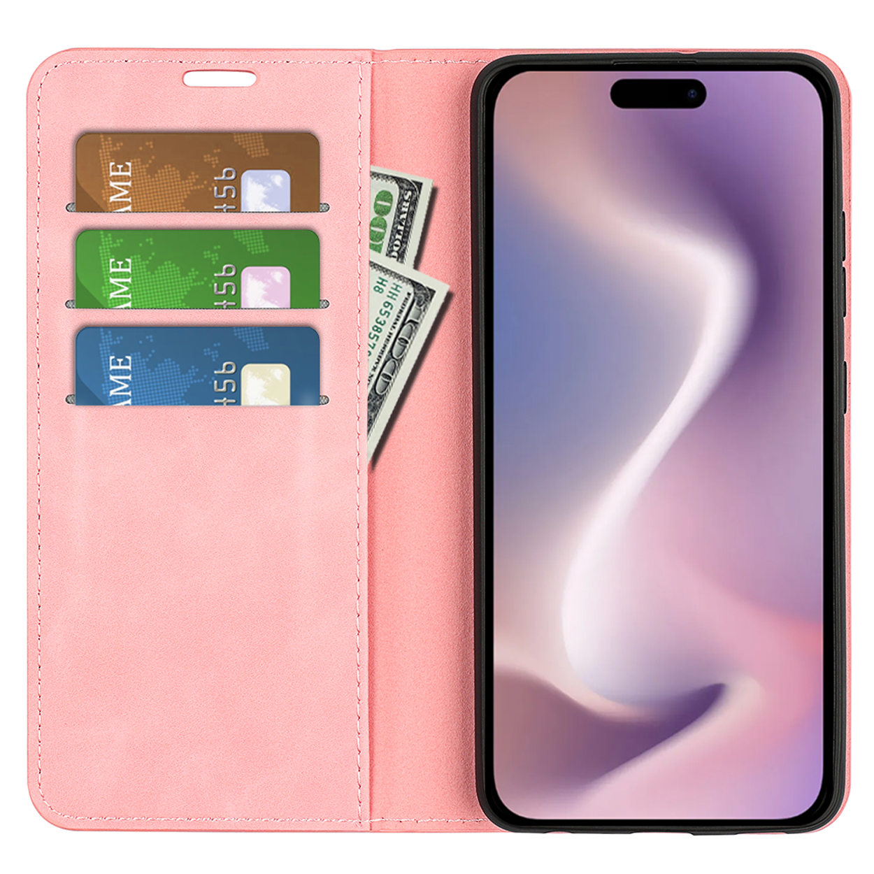 Roze telefoonhoes, open, met telefoon, kaarten en contant geld. Meerdere kaartsleuven zichtbaar.