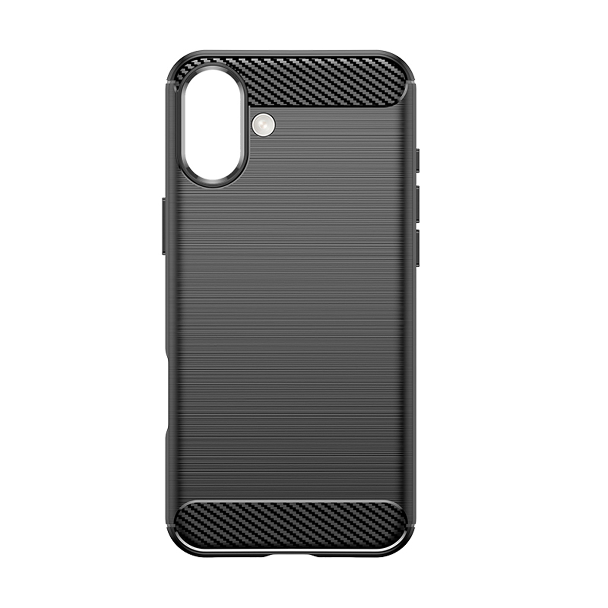 Zwarte telefoonhoes met een textuurpatroon. De achterkant heeft een uitsparing voor de camera.