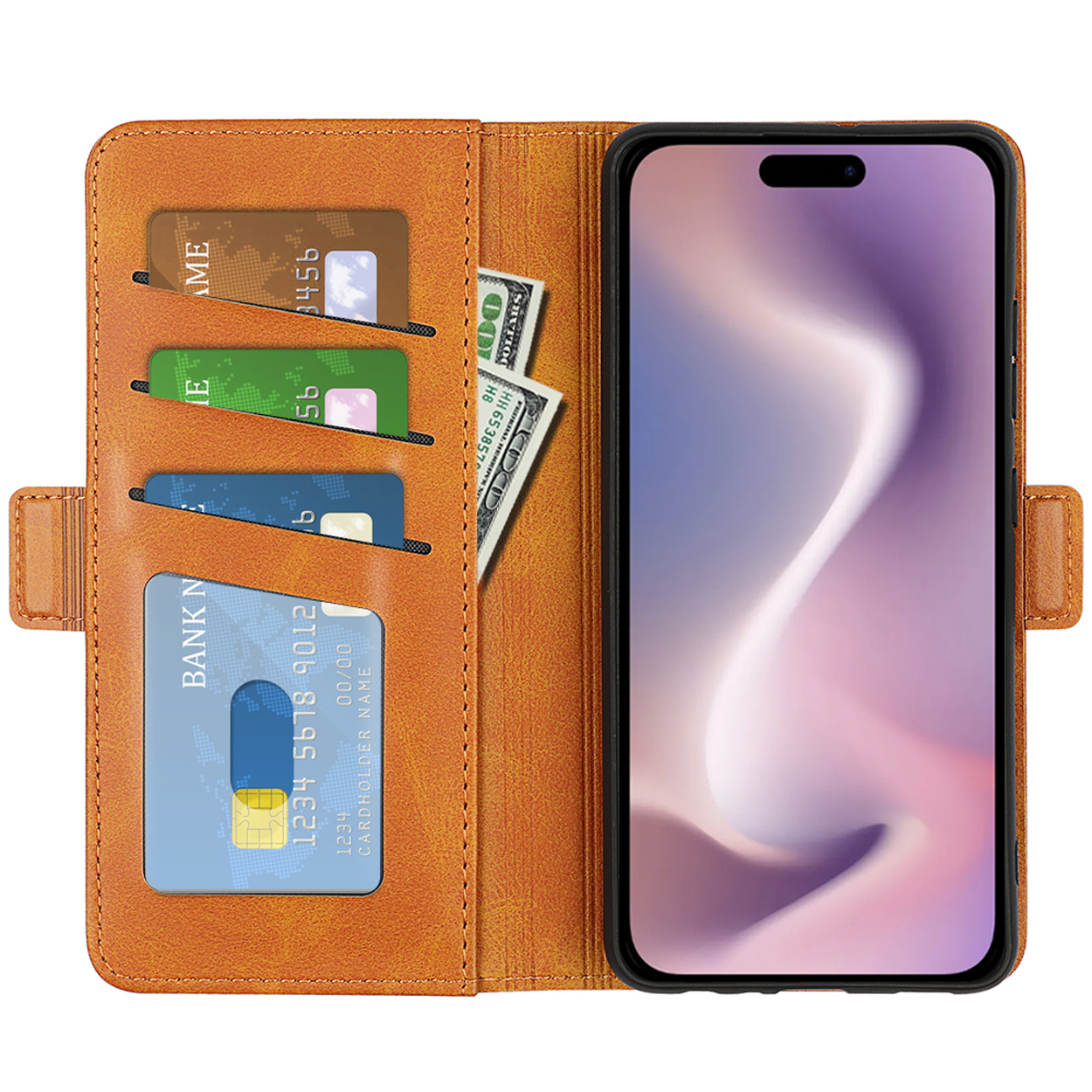 Oranje telefoonhoes met kaarten, geld en telefoon. De telefoon is open en toont een scherm.