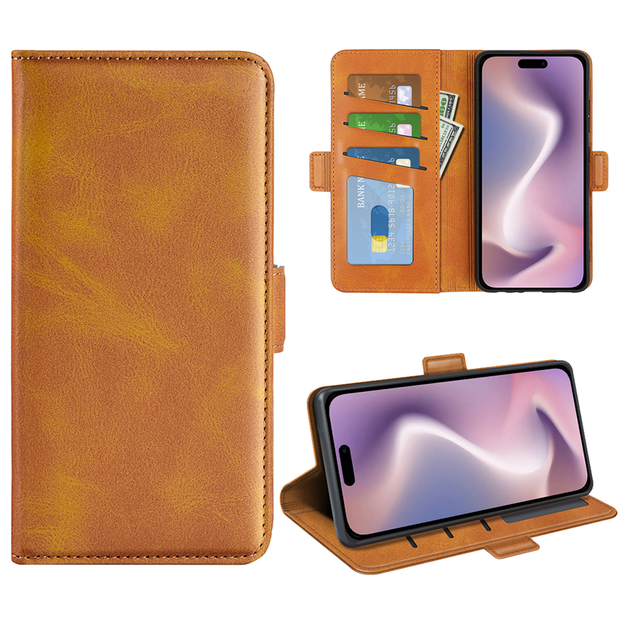 Bruine telefoonhoes, open, met creditcardvakjes, contant geld en telefoon in staande positie.