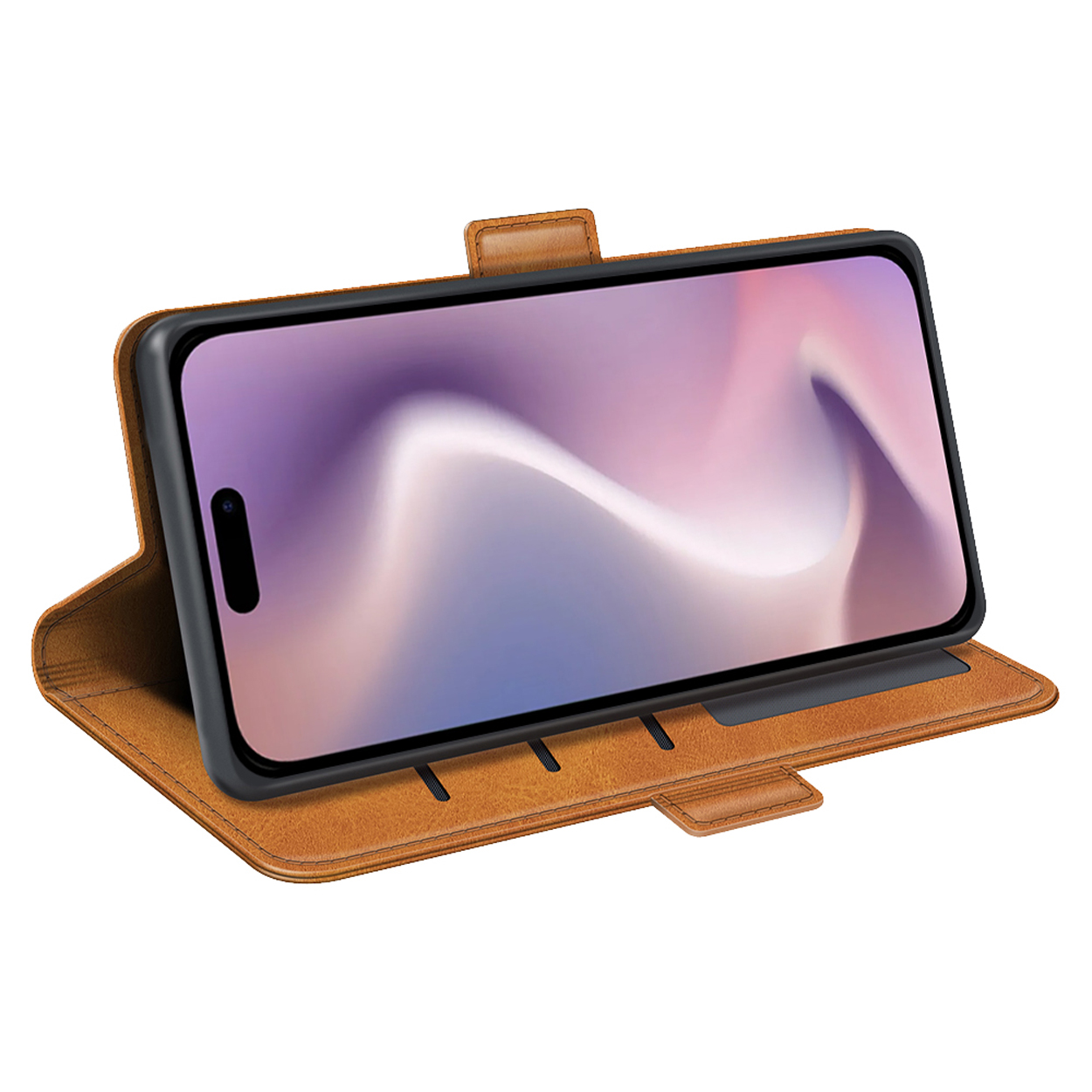Bruine leren telefoonhoes met een telefoon met een paars-blauw scherm. Ondersteund.