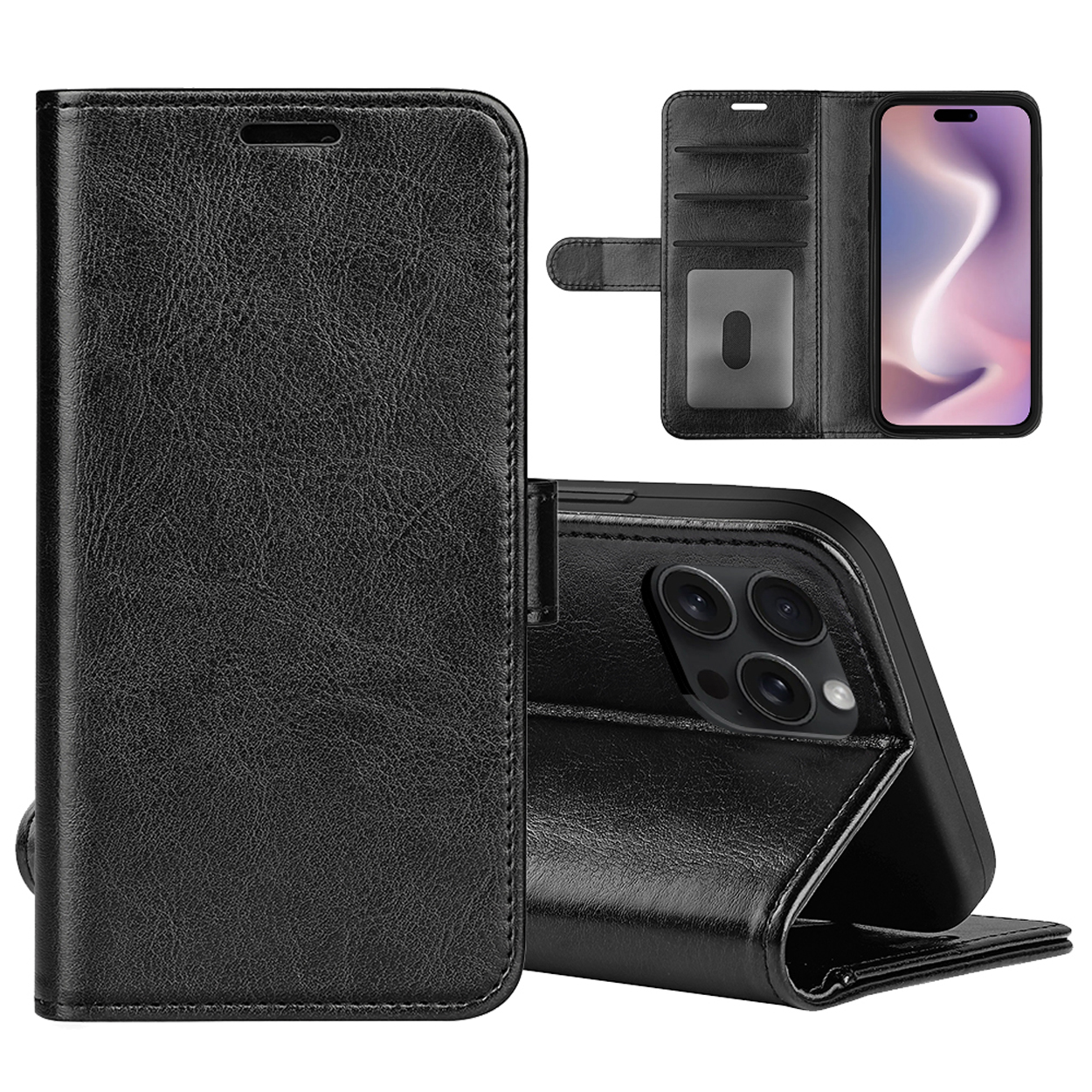 Zwarte leren telefoonhoes, open, met een telefoon. Twee hoesjes: een open, een gesloten, met telefoon.