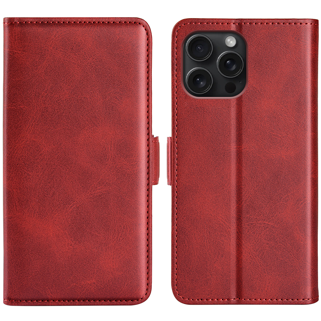 Étui de téléphone rouge, montrant ouvert et fermé. Téléphone à l'intérieur. Étui avec fentes pour cartes.