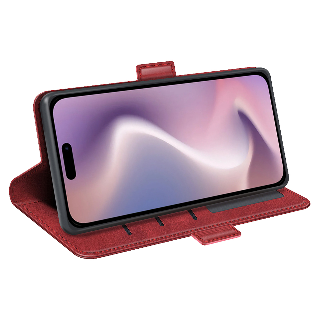 Coque de téléphone rouge avec un téléphone affichant un écran violet-bleu. Posée sur une surface.