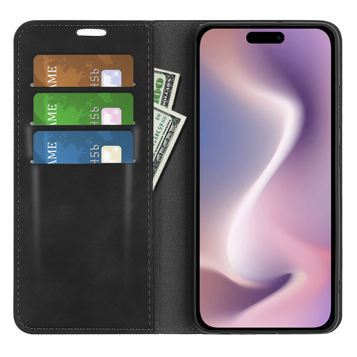 Zwarte leren telefoonhoes met telefoon, kaarten en biljetten erin. Telefoon aan de rechterkant.