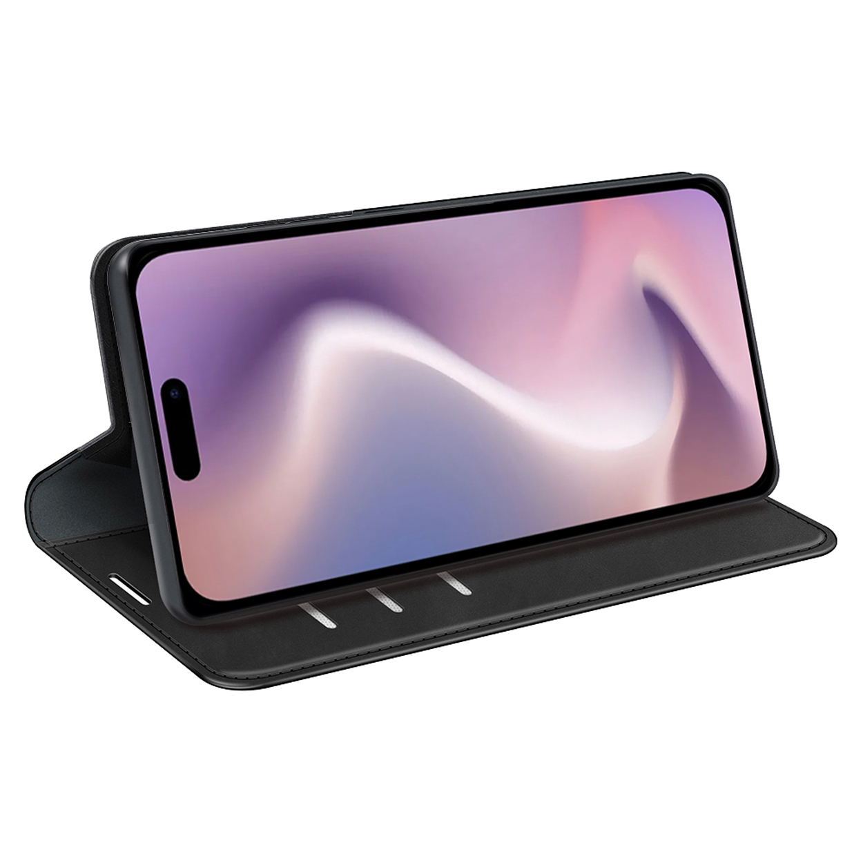 Telefoon in een zwarte hoes, open. De telefoon geeft een kleurrijk scherm weer.