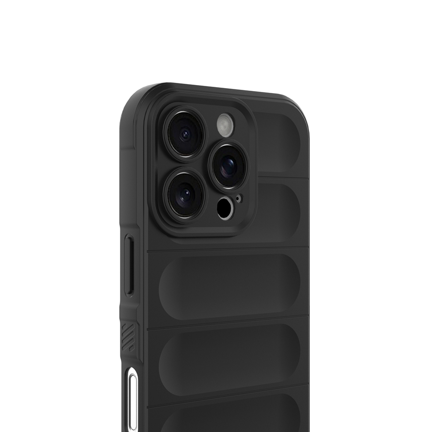 Zwarte telefoonhoes met drie camera's en een flitser. De achterkant van de hoes is zichtbaar.