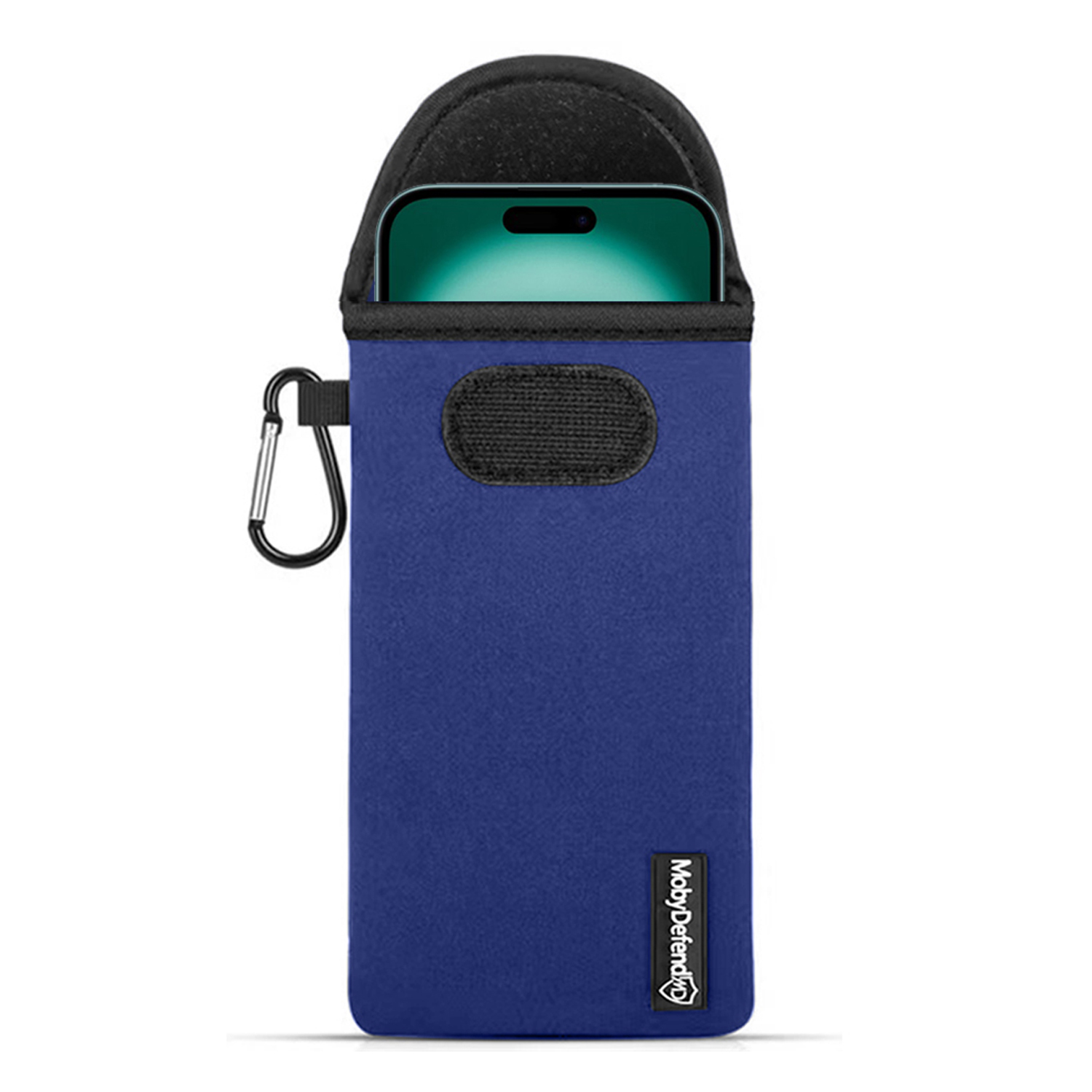 Pochette de téléphone bleue avec mousqueton. Le téléphone est partiellement visible. L'étui a un logo.