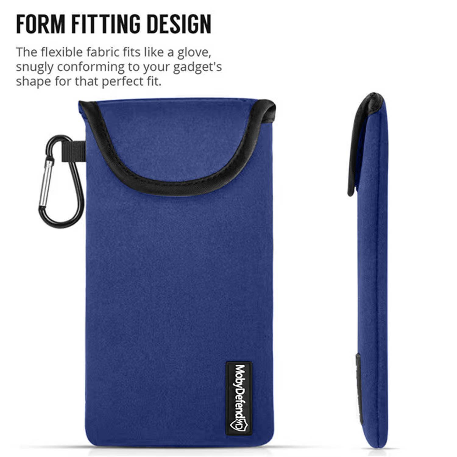 Blauwe telefoonhoes met karabijnhaak. Tekst: FORM FITTING DESIGN. Zijaanzicht en vooraanzicht.
