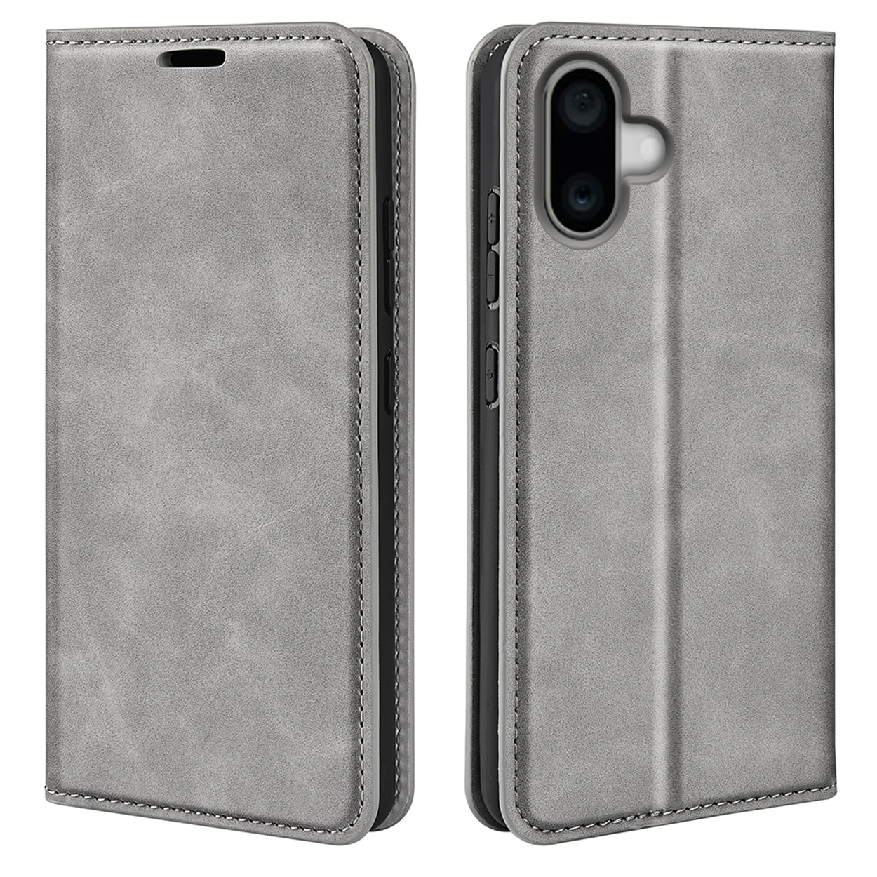Étui de téléphone en cuir gris, ouvert et fermé. Dispose d'un fermoir magnétique.