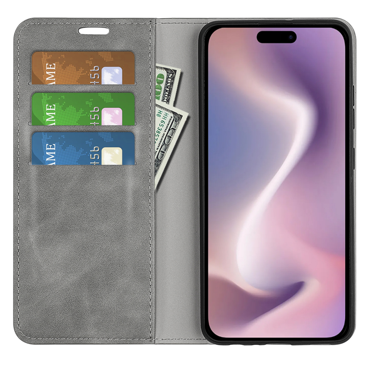 Étui de téléphone gris, ouvert. Le téléphone est dans l'étui. Il y a des emplacements pour cartes et de l'argent.