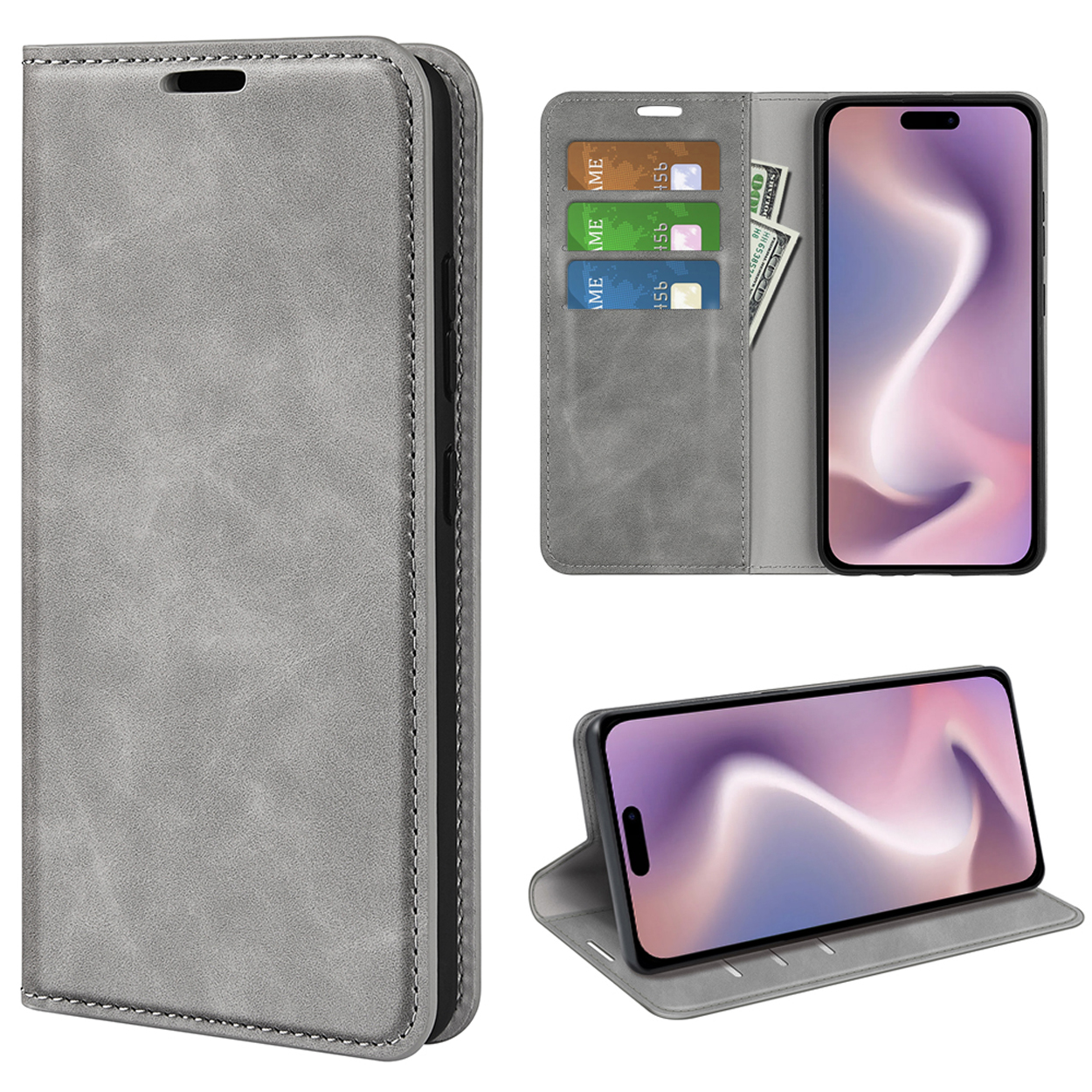 Étui de téléphone en cuir gris, ouvert montrant cartes, espèces et téléphone. Plusieurs vues.