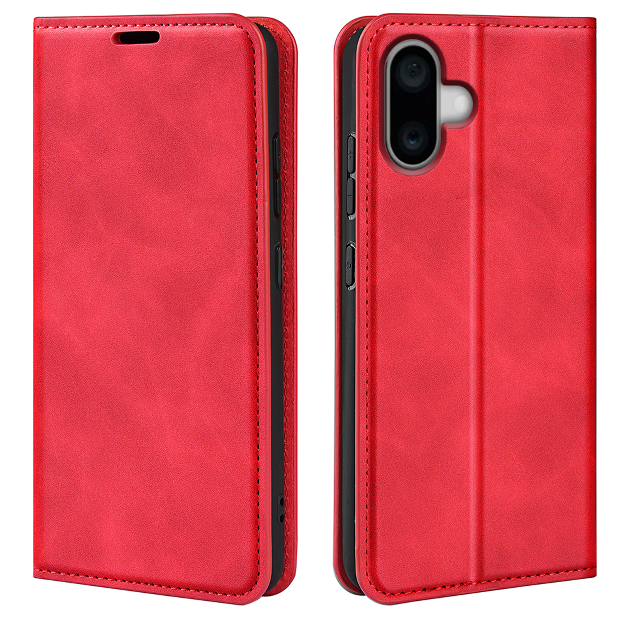 Twee rode telefoonhoesjes. Eén is open en toont de binnenkant. De andere is gesloten en toont de buitenkant.