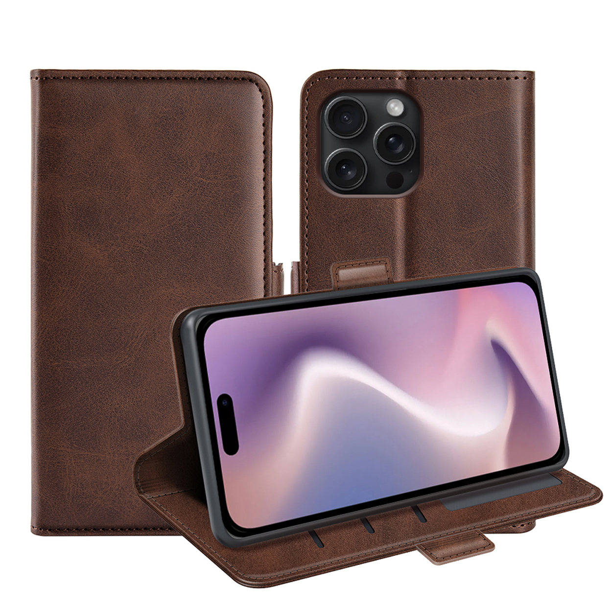 Bruine leren telefoonhoes, open. Telefoon zichtbaar binnenin met een scherm.