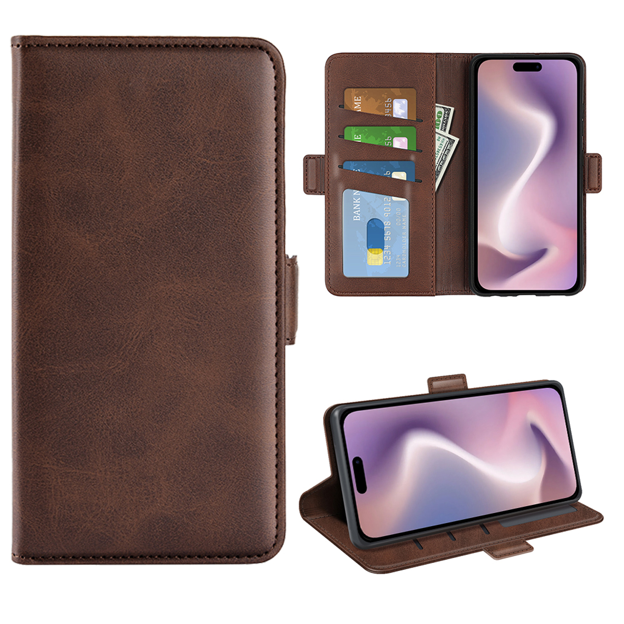 Bruine telefoonhoes, open en dicht, met kaartsleuven en een telefoon erin. Meerdere kijkhoeken.