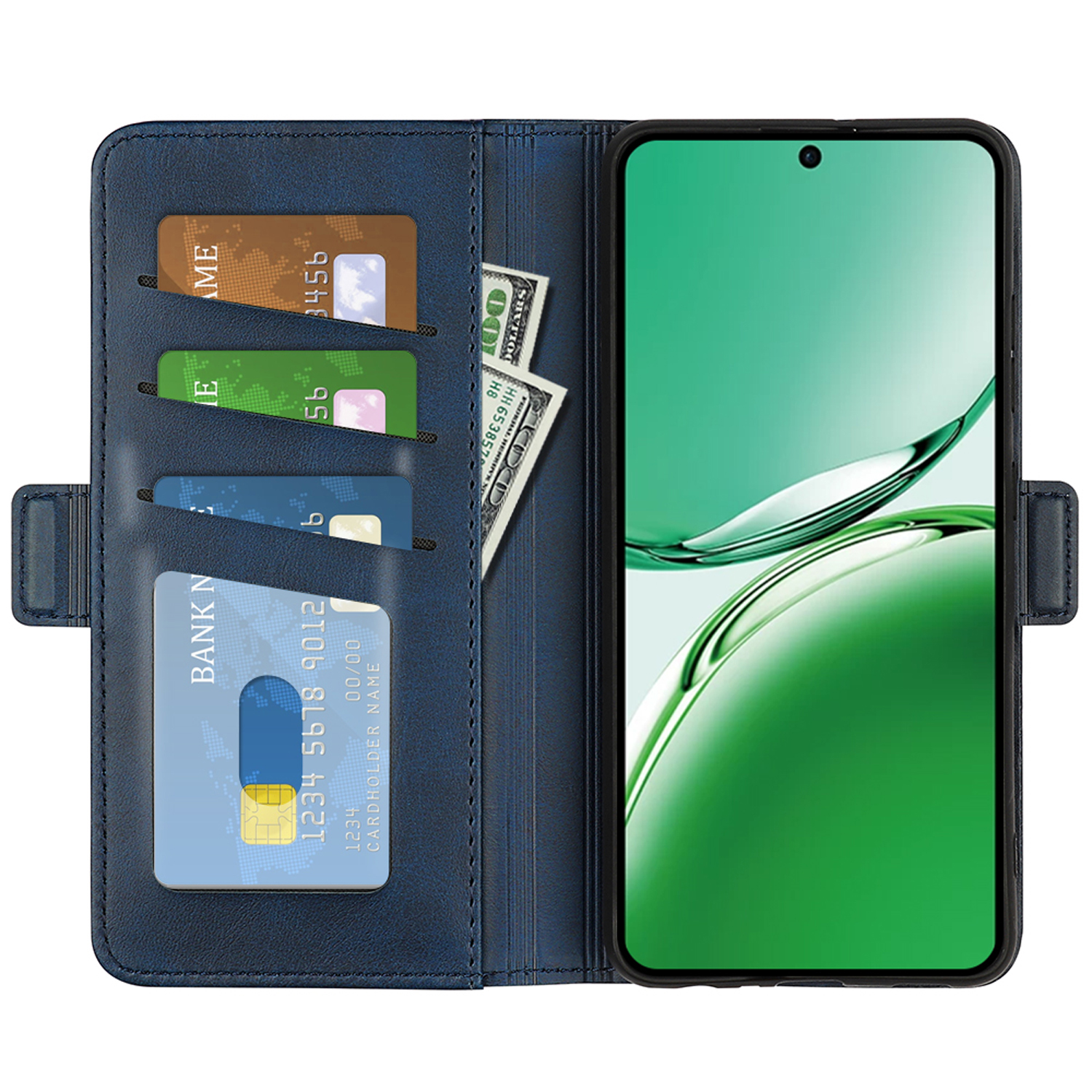 Blauw telefoonhoesje met kaarten, geld en telefoon. Telefoon is open en toont een scherm.