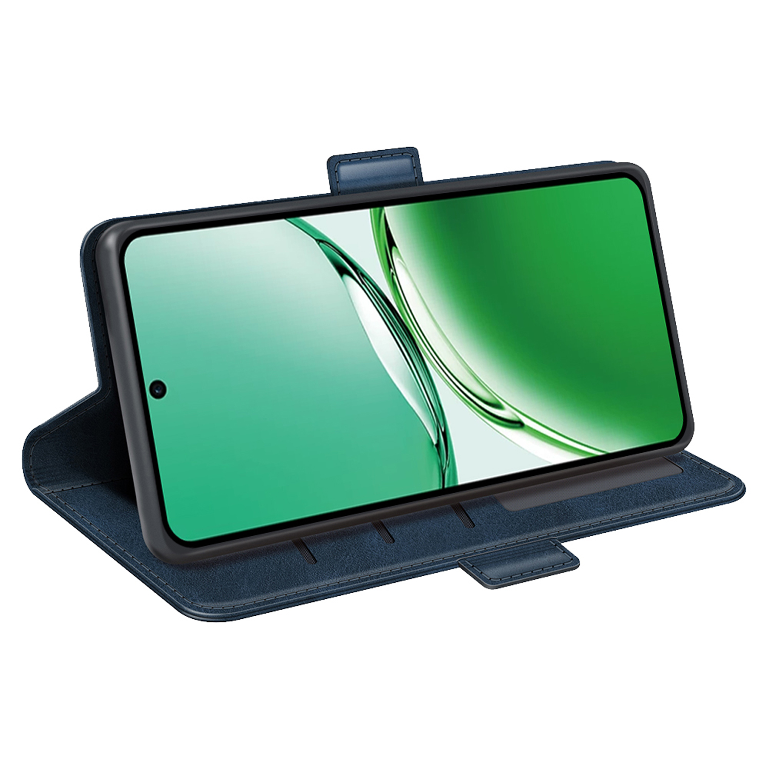 Blauwe leren telefoonhoes, open, met een telefoon die een groen en witte achtergrond toont. De telefoon zit erin.