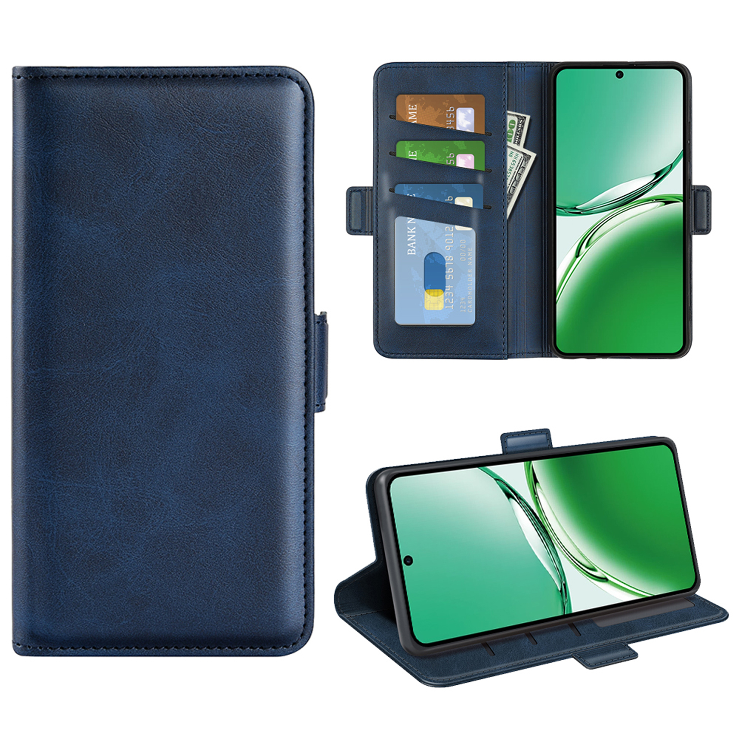 Blauwe telefoonhoes met kaartsleuven, contant geld en een telefoon met een groen-witte afbeelding.