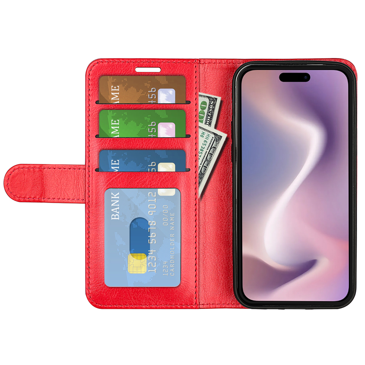 Rode telefoonhoes portefeuille open, met telefoon, kaarten en contant geld. De telefoon is zichtbaar.