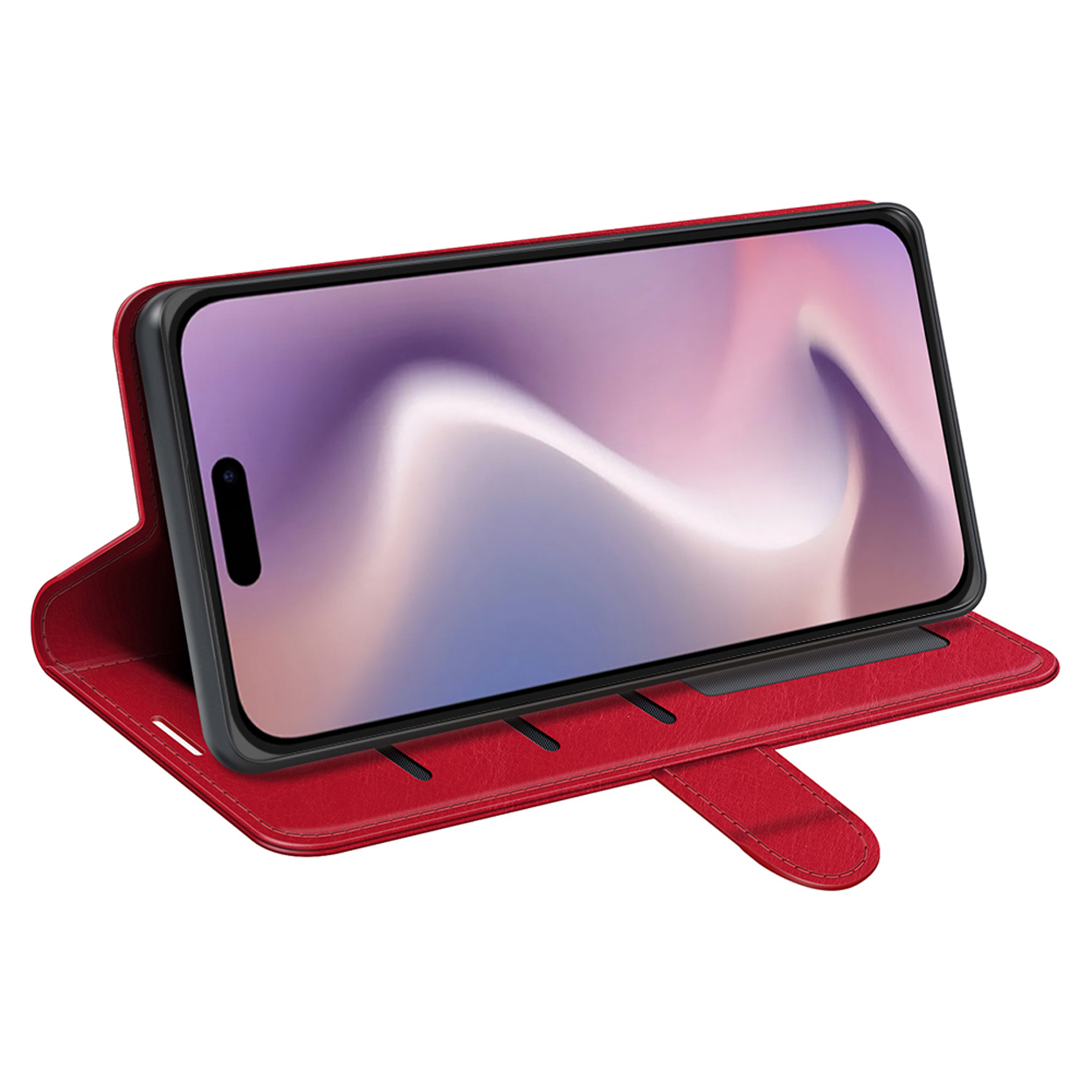Rode telefoonhoes met een telefoon. De telefoon toont een kleurrijke afbeelding. De hoes heeft een standaard.