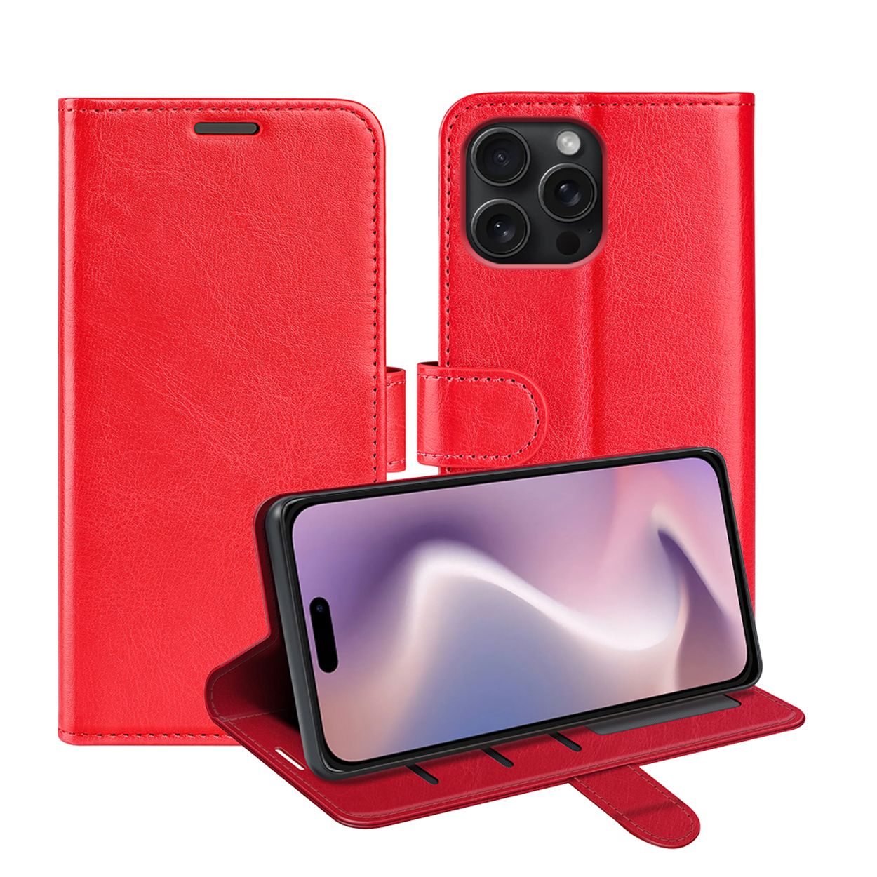 Rode telefoonhoes, open, met telefoon erin. De hoes is leerachtig, met een magnetische sluiting. De telefoon heeft een paars scherm.