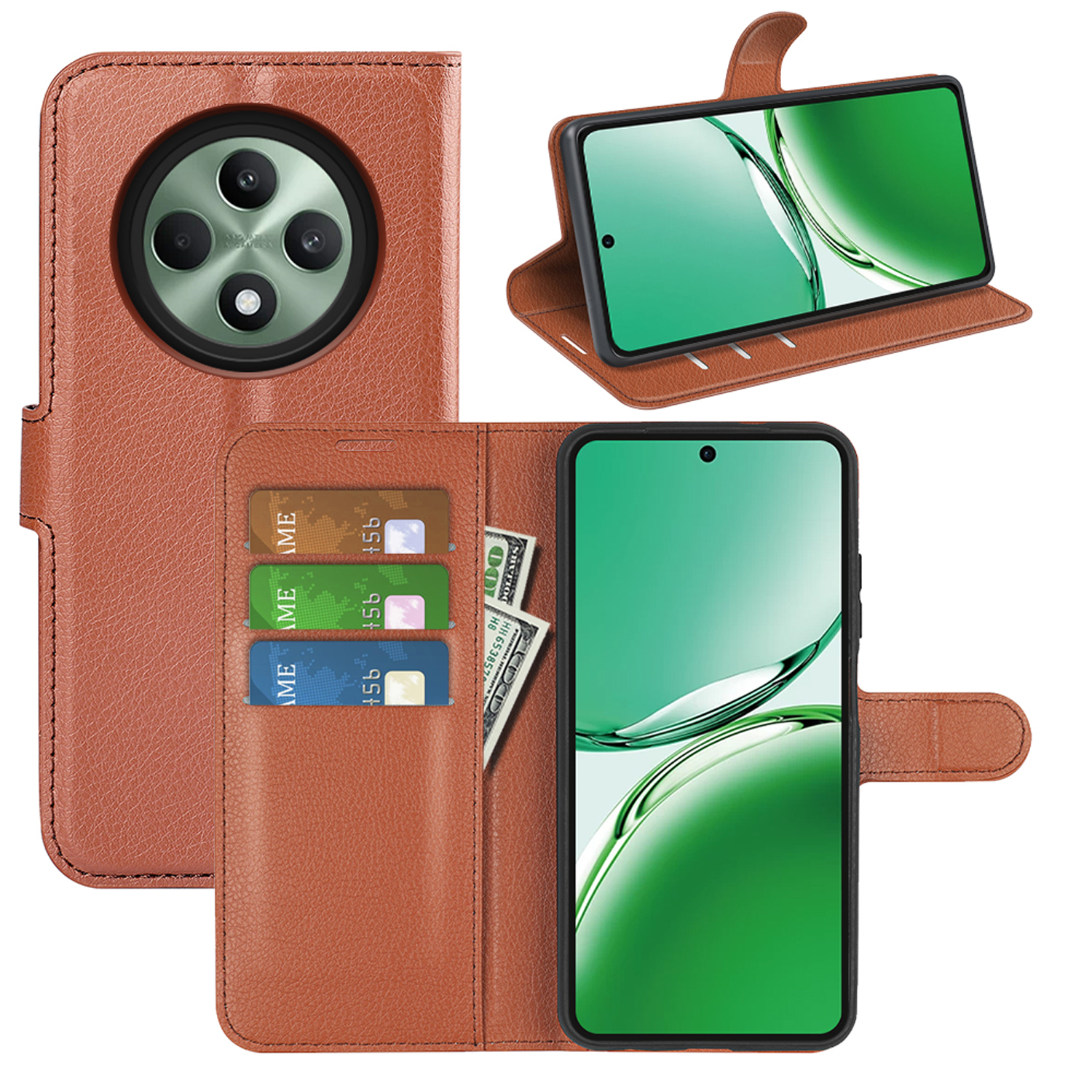Bruin telefoonhoesje open, met kaarten, geld en telefoon met een groen scherm.