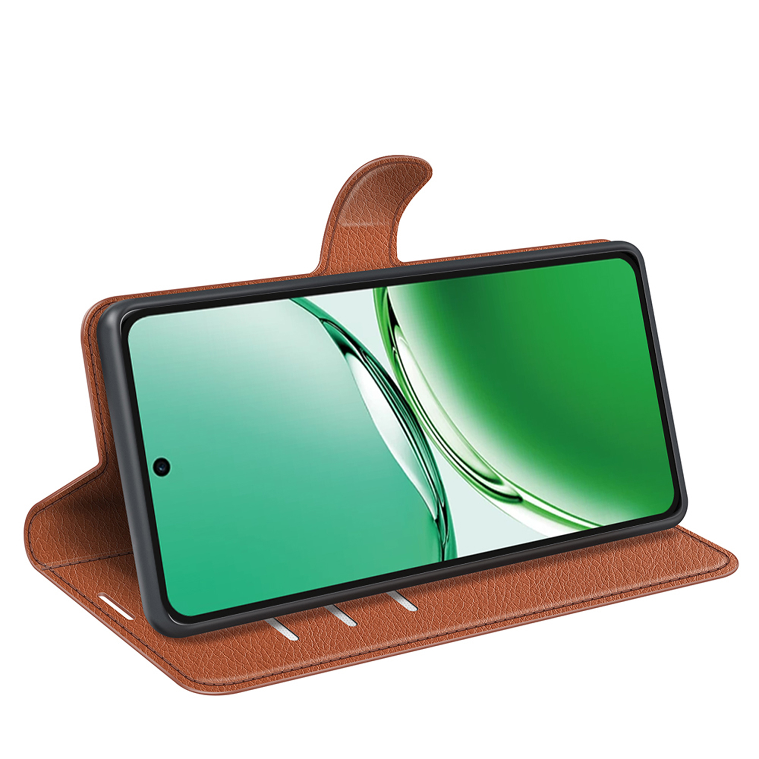 Bruine leren telefoonhoes, open, met een telefoon die een groen en witte achtergrond toont. De telefoon zit erin.