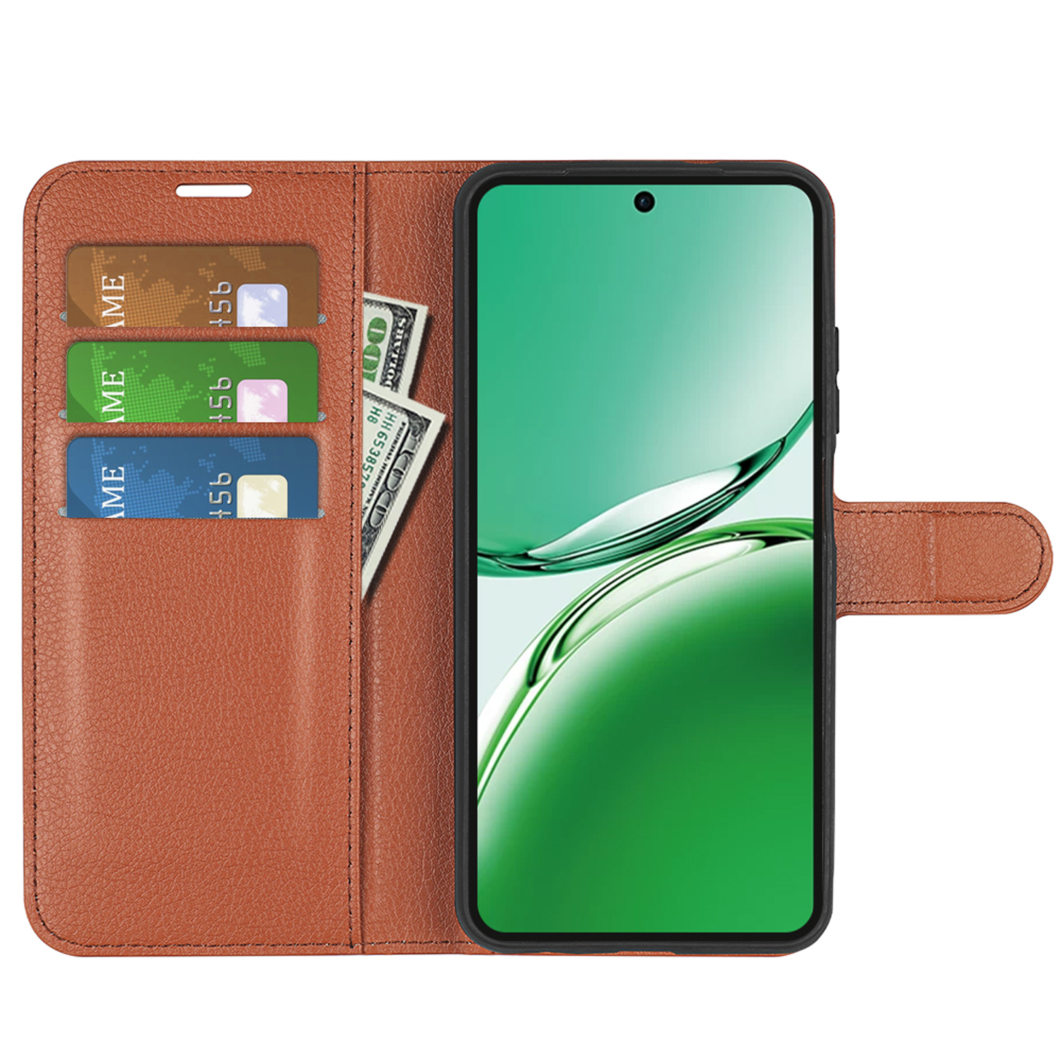 Bruine telefoonhoes met kaarten, contant geld en een telefoon met een groene afbeelding met een zwarte rand.