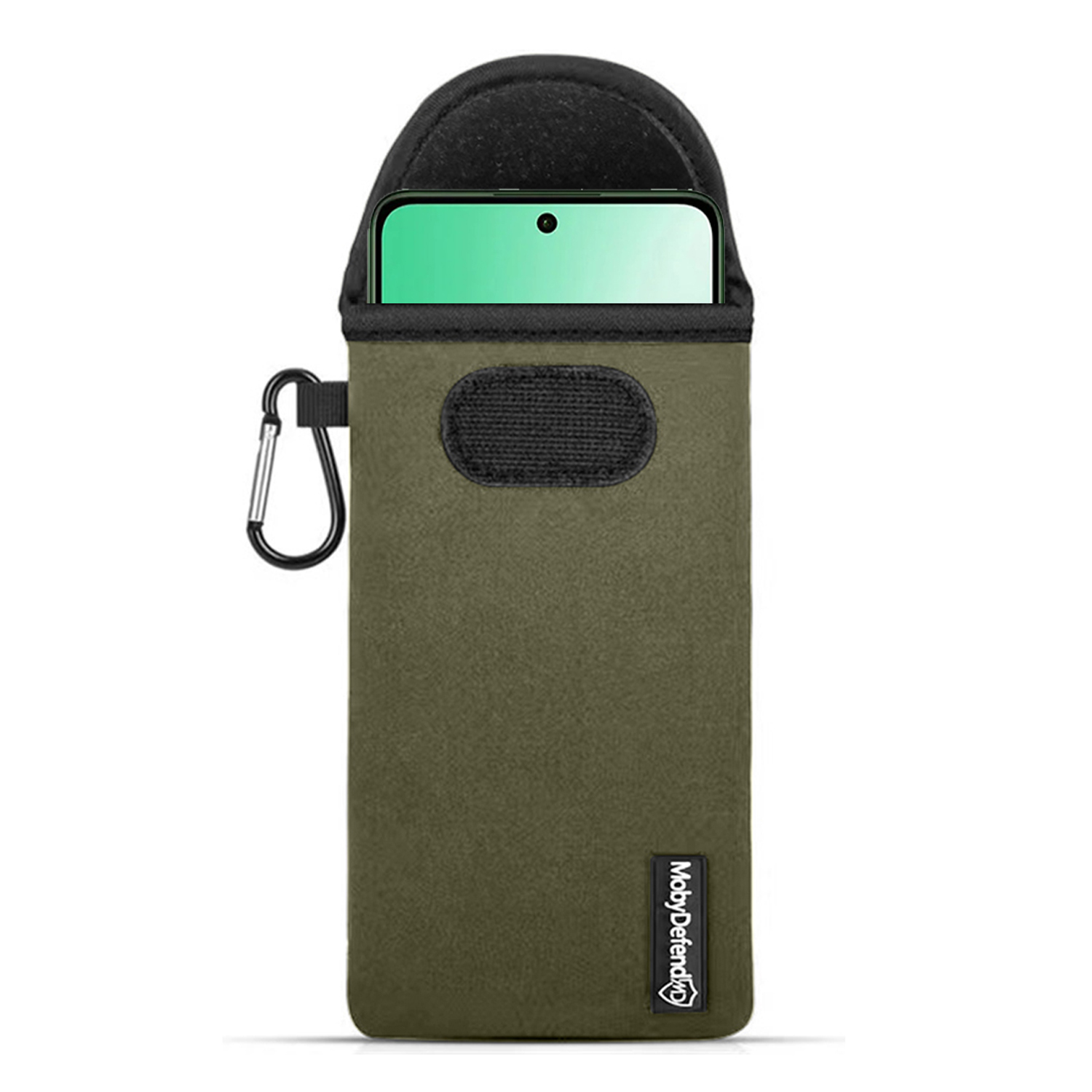 Groene telefoonhoes met telefoon erin. De hoes heeft een karabijnhaak.