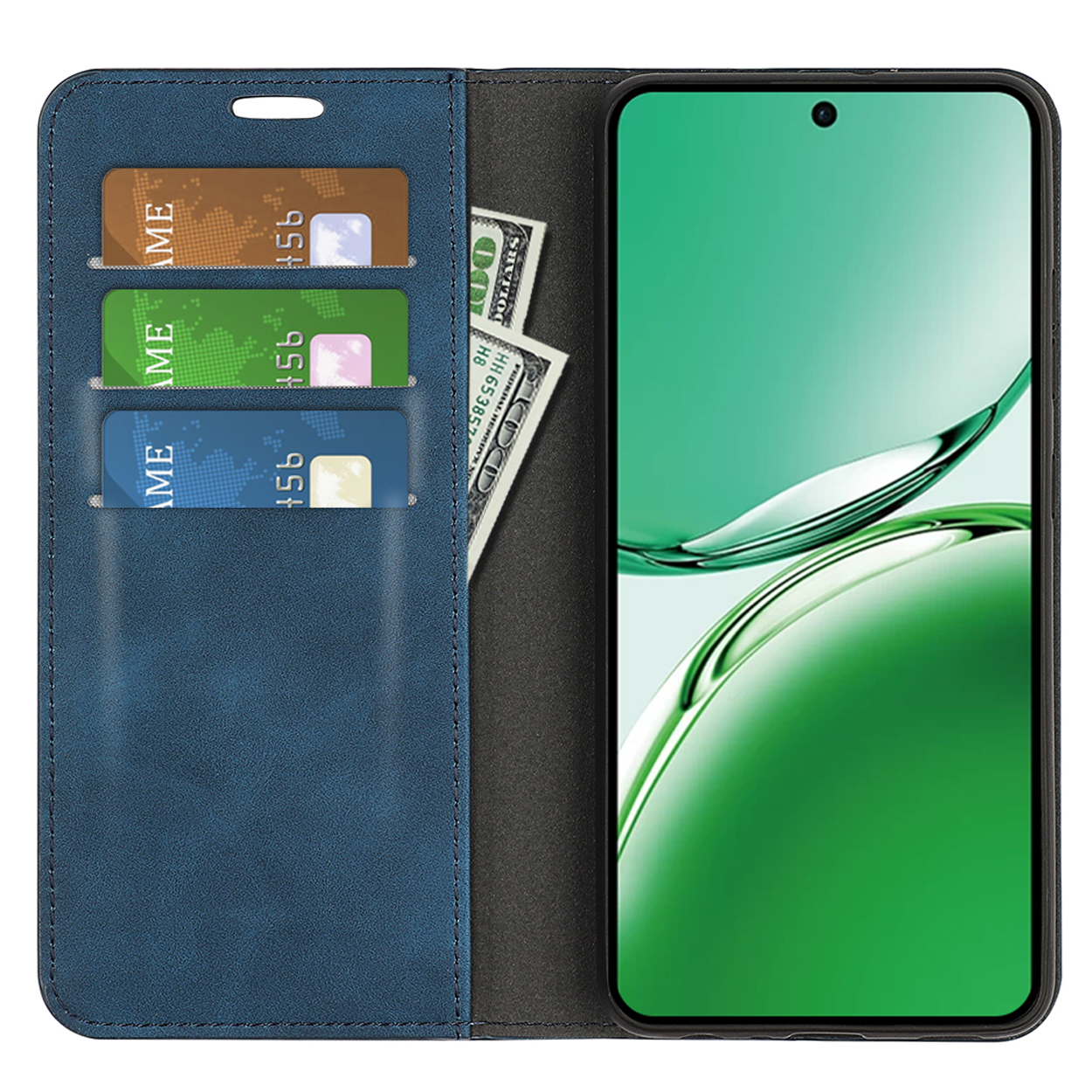 Blauwe leren telefoonhoes, open met kaarten, contant geld en telefoon. Interieur en telefoon zichtbaar.