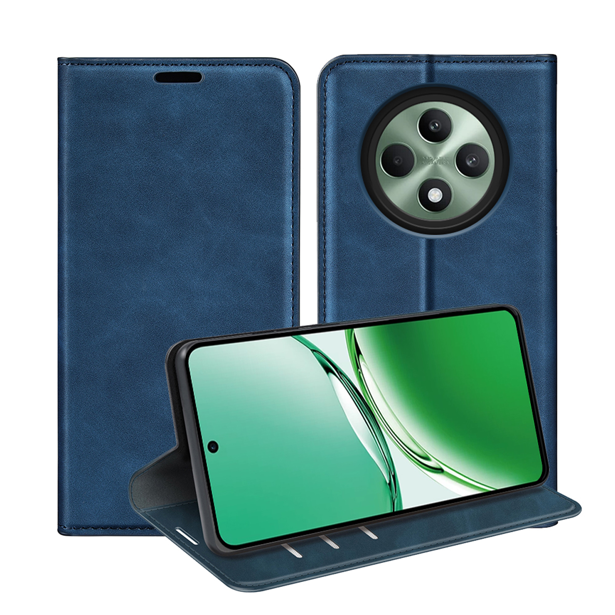 Blauwe telefoonhoes, open, met een telefoon erin. Het telefoonscherm toont een groene afbeelding. De hoes heeft een magnetische sluiting.