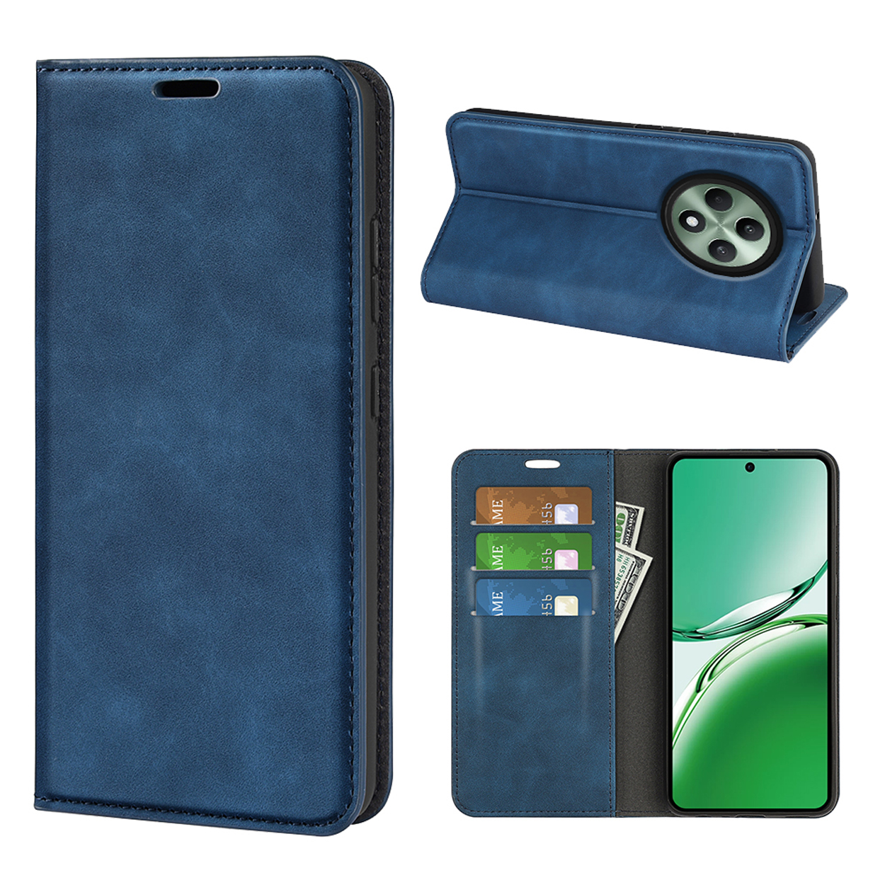 Blauwe telefoonhoes portefeuille open en dicht, met telefoon, kaarten en contant geld. De telefoon is zichtbaar.