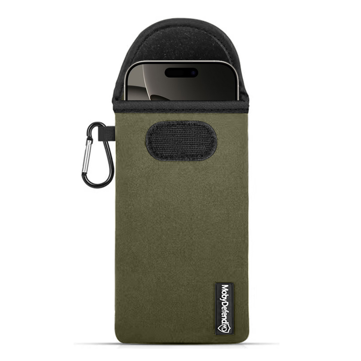 Housse de téléphone verte. Un téléphone en haut, avec un dessus noir et un mousqueton argenté.