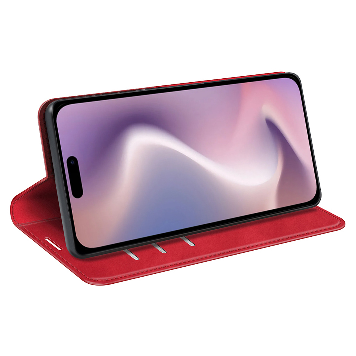 Rode telefoonhoes, open, met telefoon erin. Het scherm heeft een paarse en blauwe gradiënt. De hoes is leerachtig.
