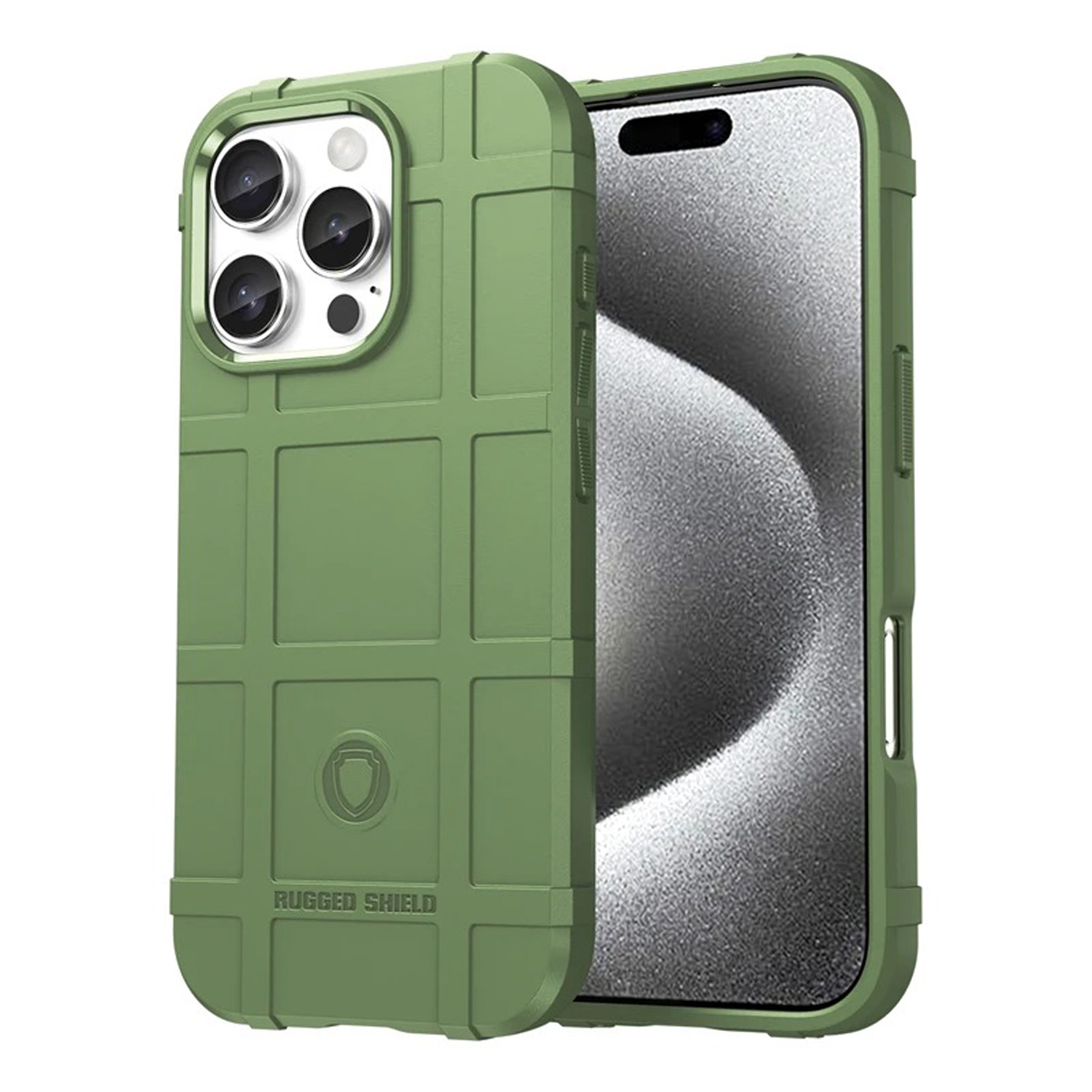 Coque de téléphone verte avec une texture en forme de grille. La coque est sur fond blanc. Le téléphone est visible.