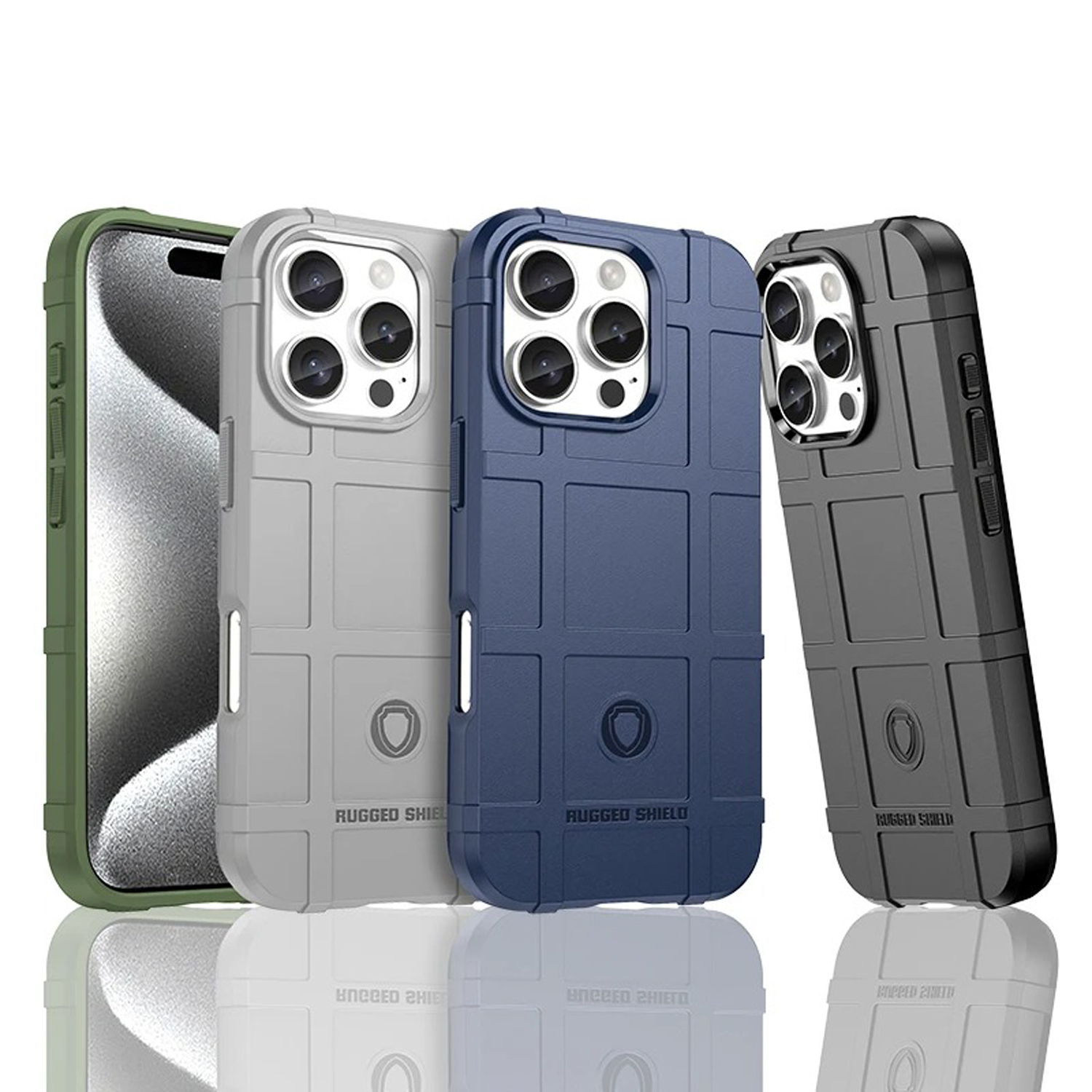 Vier telefoonhoesjes in groen, grijs, blauw en zwart. Elk heeft een textuurontwerp en camera-uitsparingen.