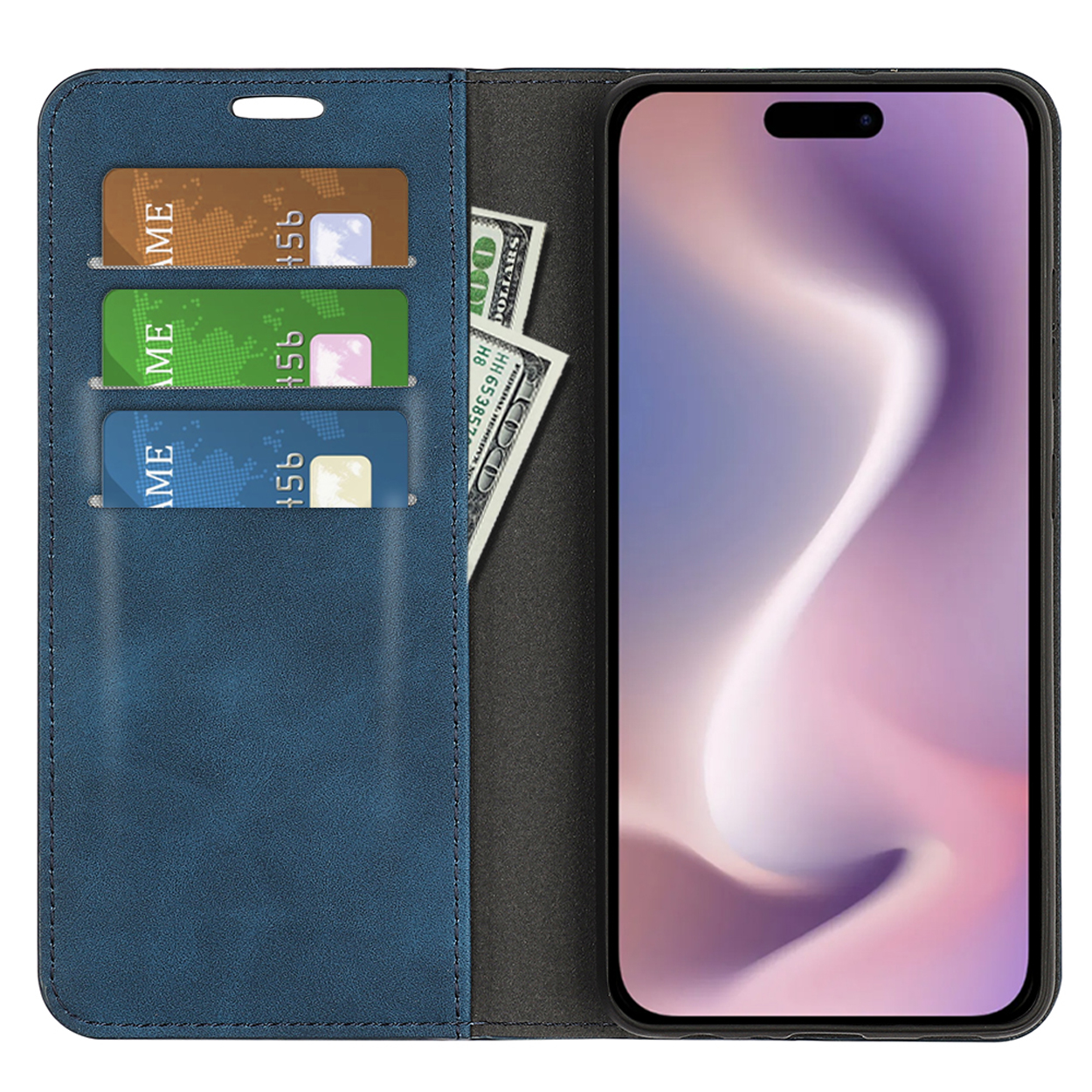 Blauwe leren telefoonhoes met telefoon, kaarten en biljetten. Kaarten links, telefoon rechts.