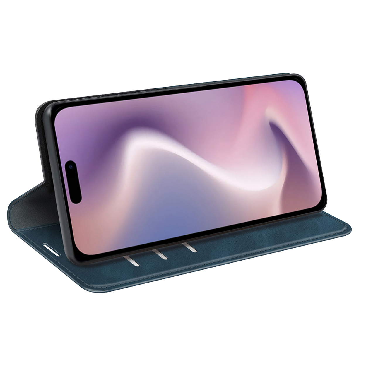 Blauwe leren telefoonhoes, open, met een telefoon die een paarse en blauwe achtergrond toont. De telefoon zit erin.