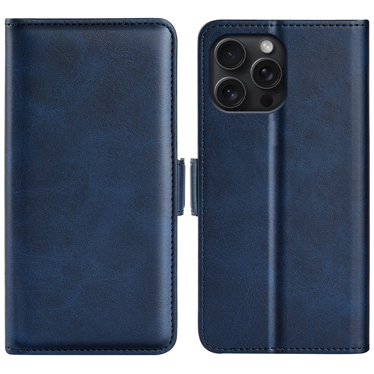 Étui de téléphone en cuir bleu, ouvert et fermé, montrant appareil photo et détails.