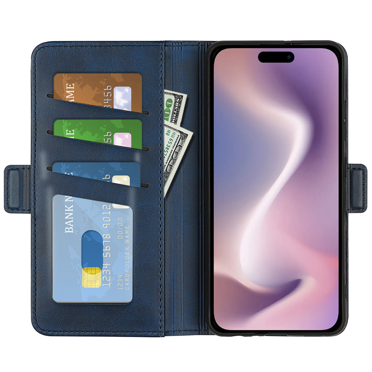 Étui de téléphone en cuir bleu, ouvert montrant cartes, espèces et téléphone. Plusieurs vues.