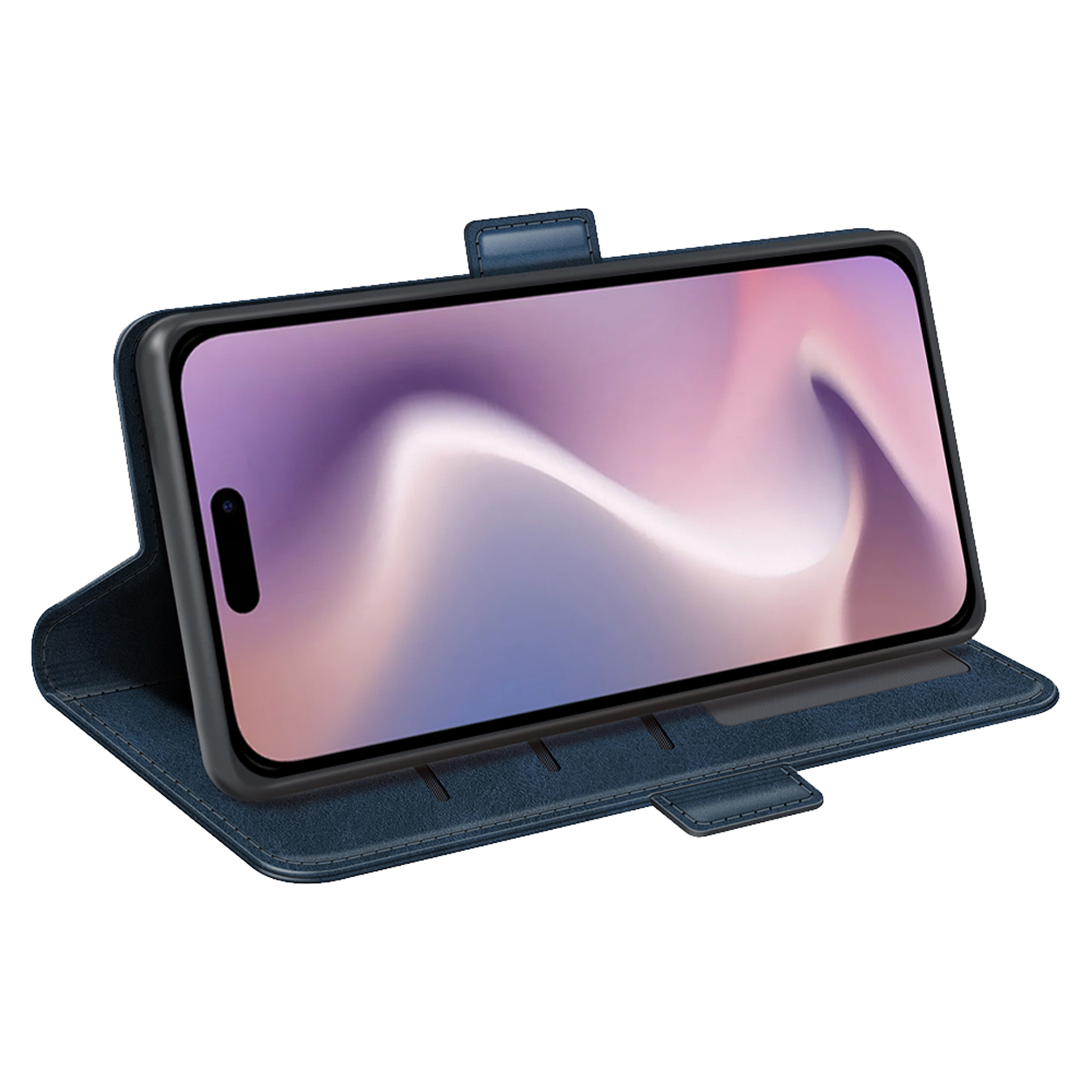 Étui de téléphone bleu tenant un téléphone. Le téléphone affiche une image colorée. L'étui a une fonction de support.