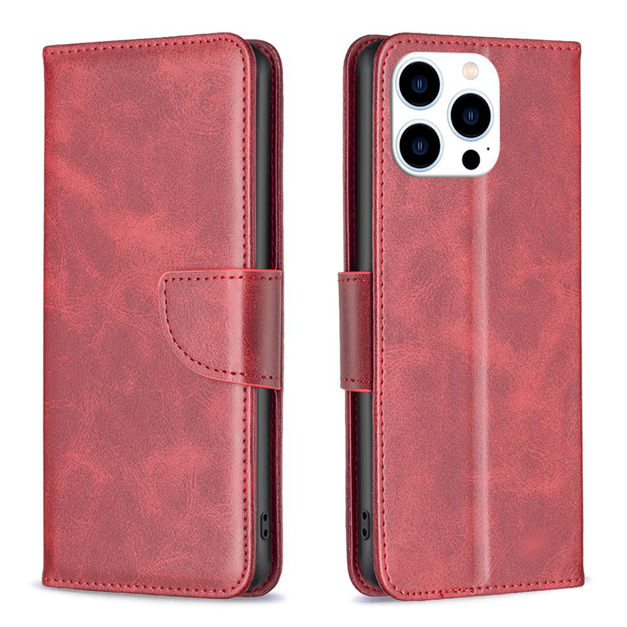 Twee rode leren telefoonhoesjes, één gesloten, één open, met een uitsparing voor de telefoon.